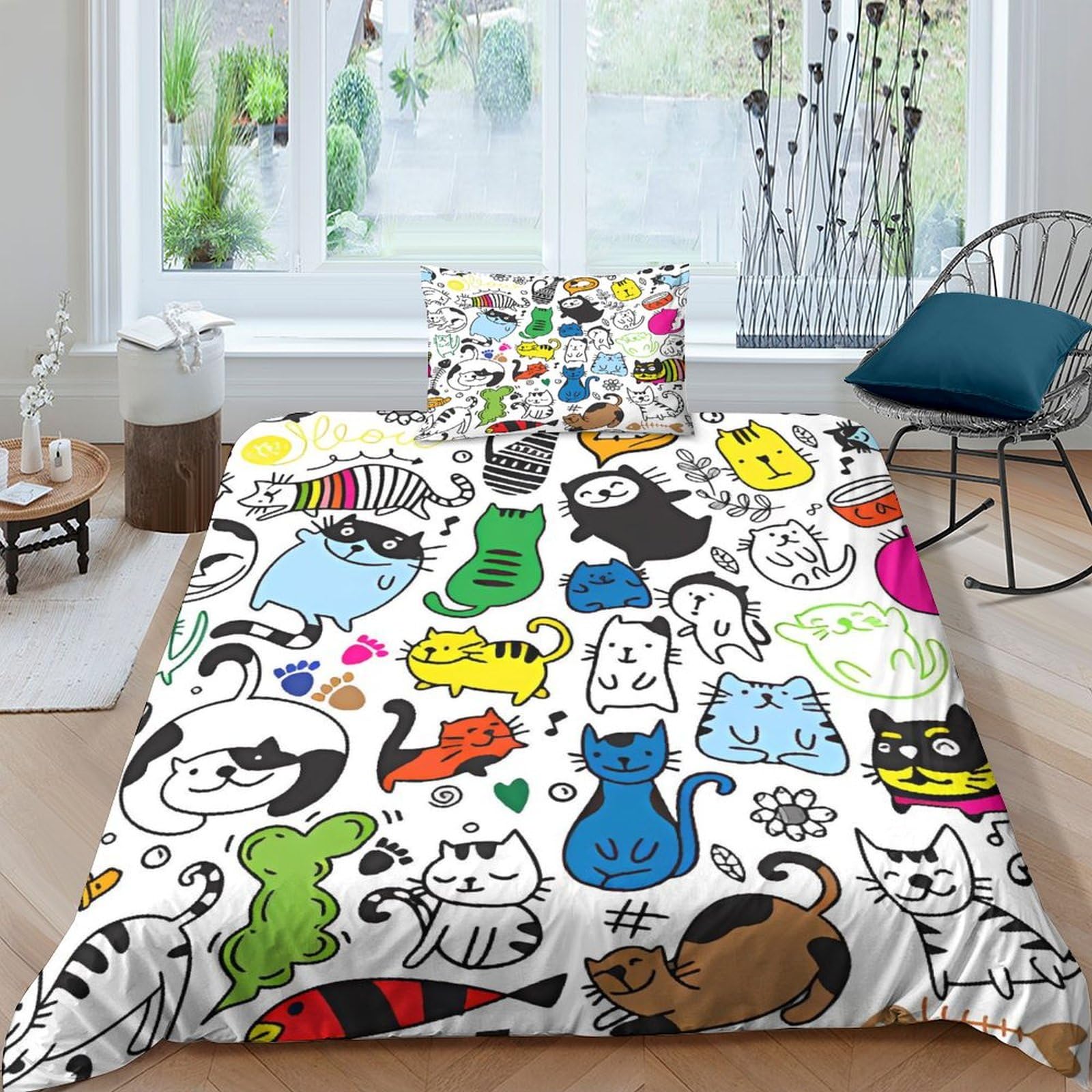 Housse de couette chat tigré en microfibre pour lit simple avec taie d'oreiller