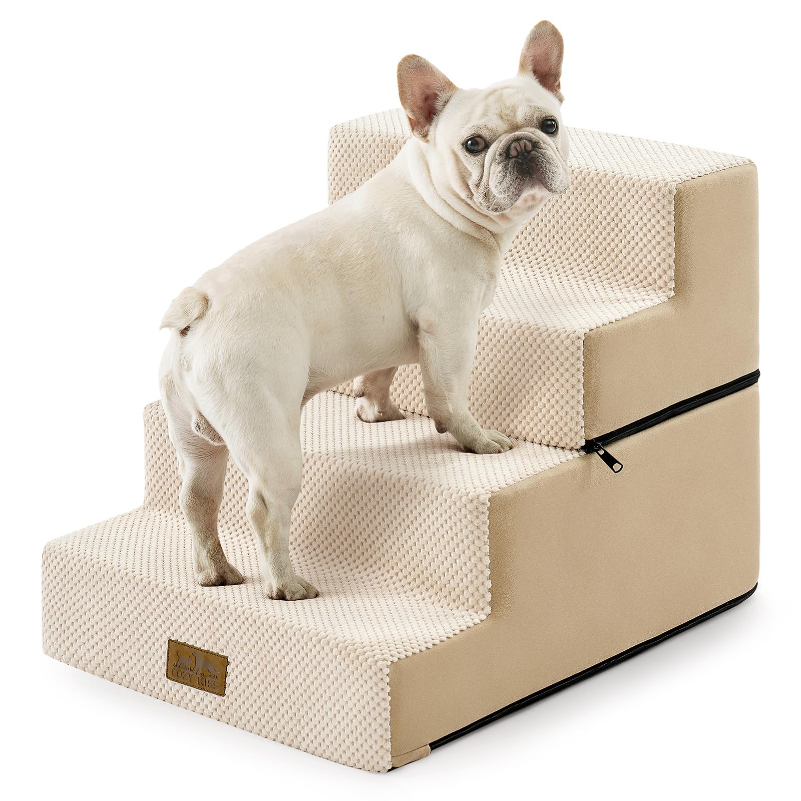 Cozy Kiss Wide Dog Stairs for Bed & Sofa, Non-Slip Dog Steps for Small & Medium Dogs, Washable Pet Steps with Removable Cover, Supportive Foam 4-Step Pet Stairs for Older Dogs, Cats, Beige, 40x60x45cm
