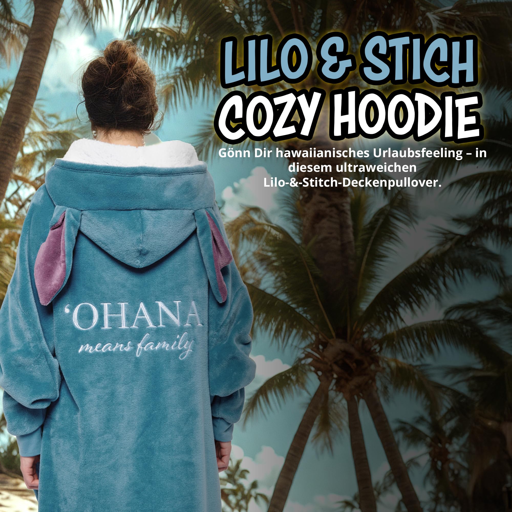 United Labels Disney Lilo & Stitch Oversize Hoodie Decke mit Ärmeln und Kapuze für Damen, Blau, Ohana, Kuschelpullover Einheitsgröße, Flauschiger Deckenpullover
