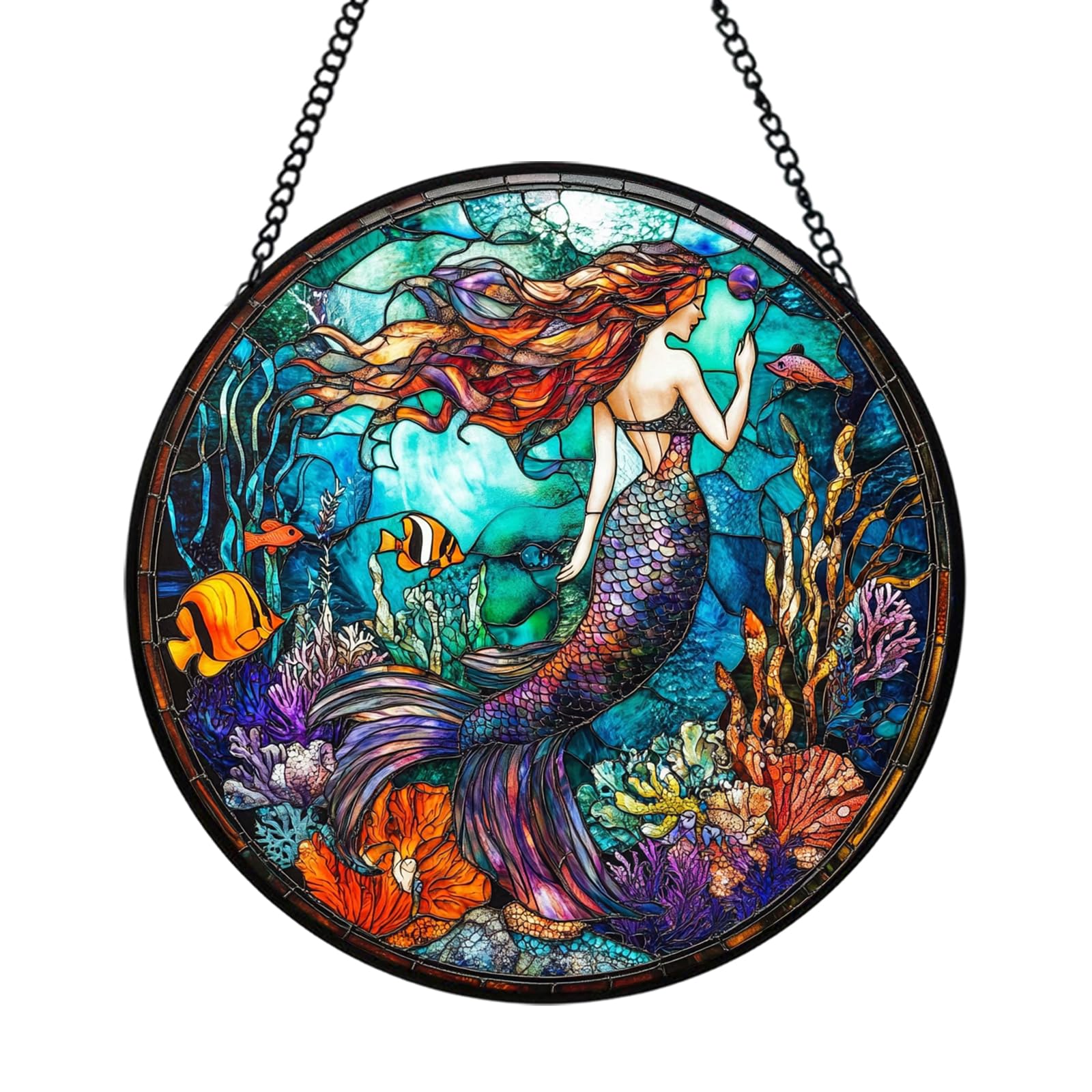Xuoxeji Mermaid Stained Glass Window Hanging, 20cm/7.87in Mermaid Hanging Decor Mermaid Ornaments, Mermaid Lovers Gifts for Women