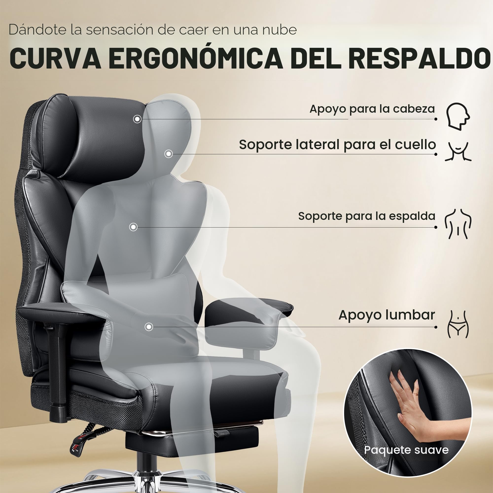 Silla Ergonómica Escritorio Amplia, Silla Oficina Ejecutiva con Reposapiés 165 ° Respaldo Ajustable Silla Gaming en casa Cuero imitación 150-200KG, Negro