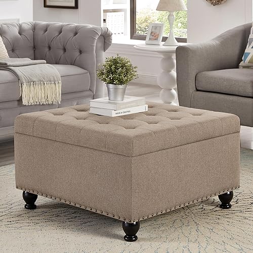 Miniatura 1 de Sudwesto Mid-Century - Banco otomano cuadrado de almacenamiento, banco copetudo con botones con ribete de cabeza de clavos, mesa de centro tapizada