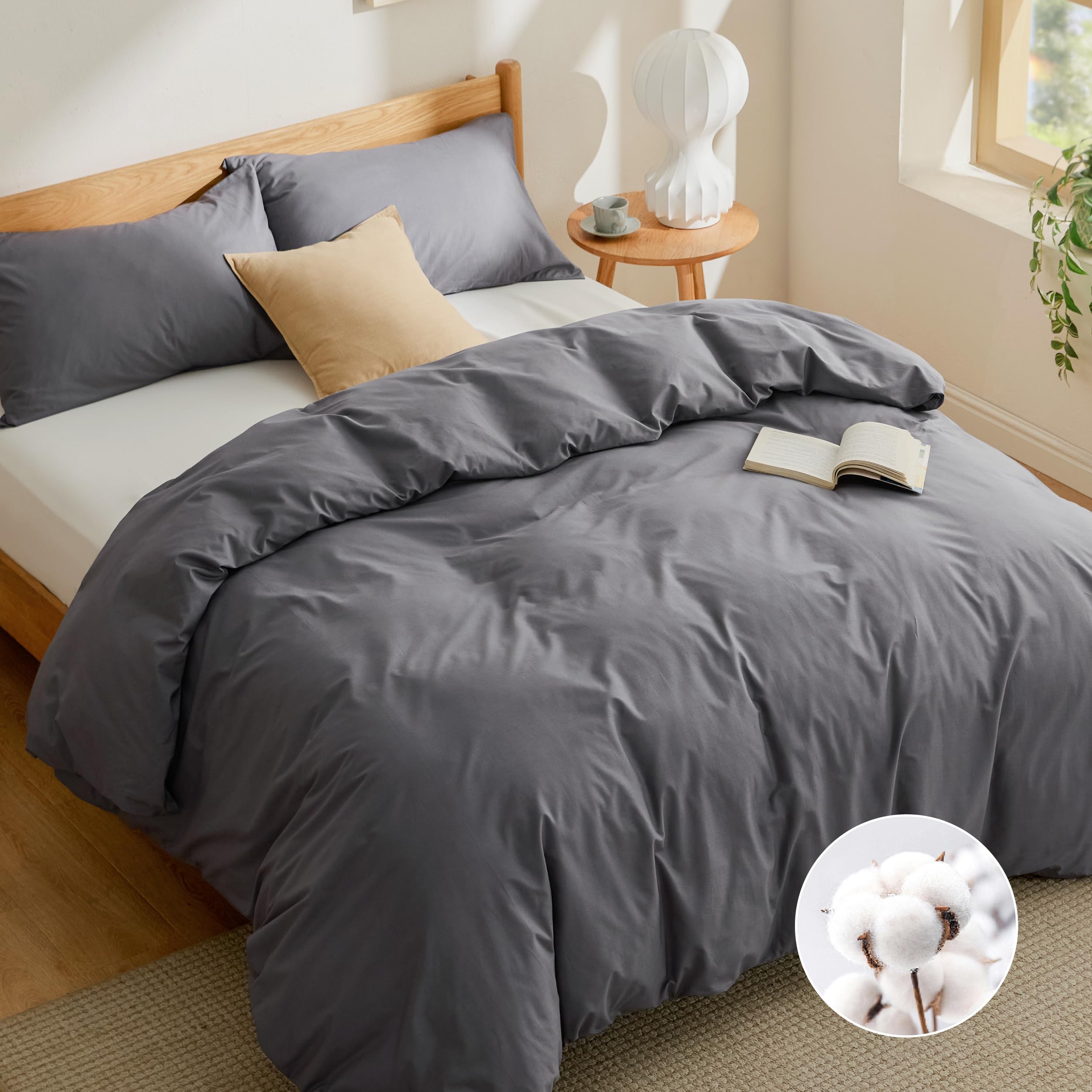BEDSURE Komplet pościeli bawełnianej, 260 x 240 cm, antracyt, 1 poszwa na kołdrę 260 x 240 cm + 1 poszewka na poduszkę 50 x 75 cm, komplet pościeli z zamkiem błyskawicznym