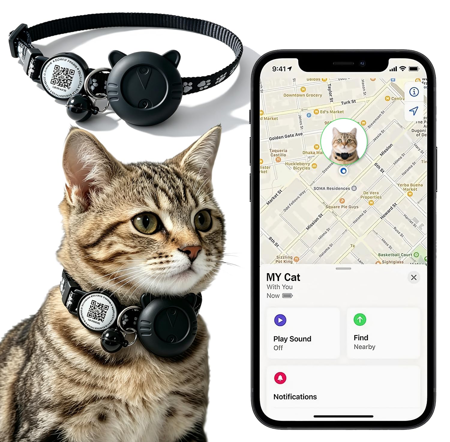 Collier de suivi GPS intelligent pour chat avec code QR - Localisateur étanche pour petits et grands chats - Compatible avec Apple Find My - Pas de frais mensuels - Solution de suivi avancée