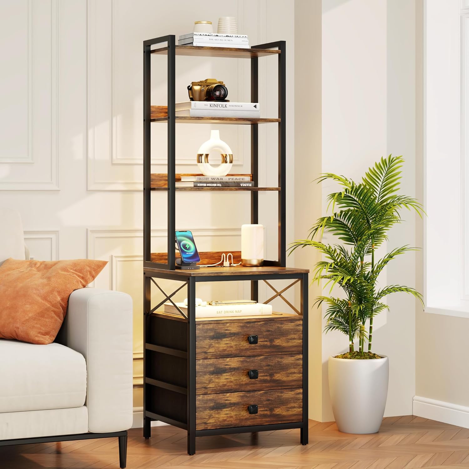 FREDEES Nightstand with Drawer Charging Bedside Table with USB & Type-C Port LED Night Stand with Human Sensor Design Modern End Table with Drawers for Bedroom Living Room Office, Brown, LY-99002-15