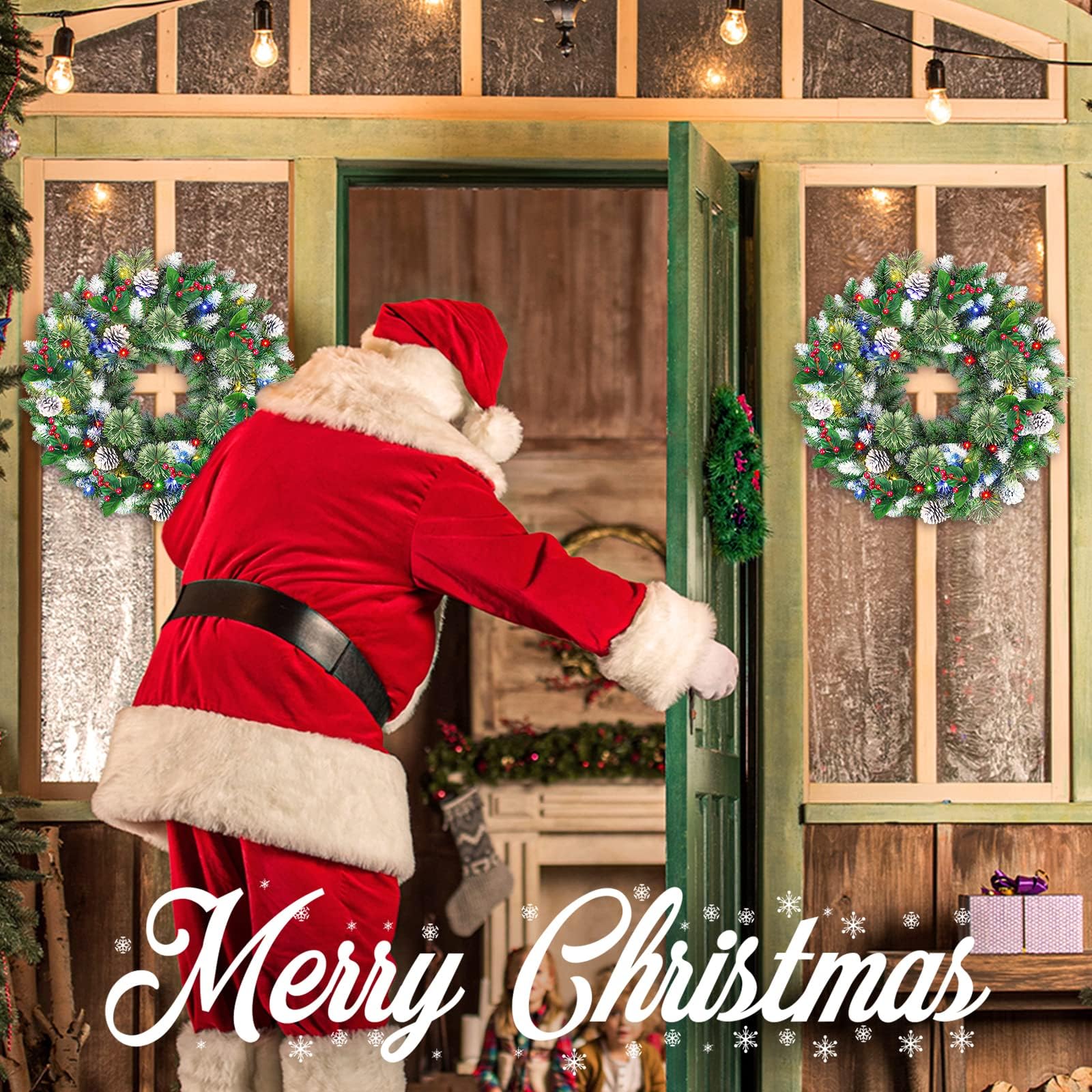 リース #470 Merry Christmas SHareconn 24 Inch Prelit Artificial Christmas Wreath with 15