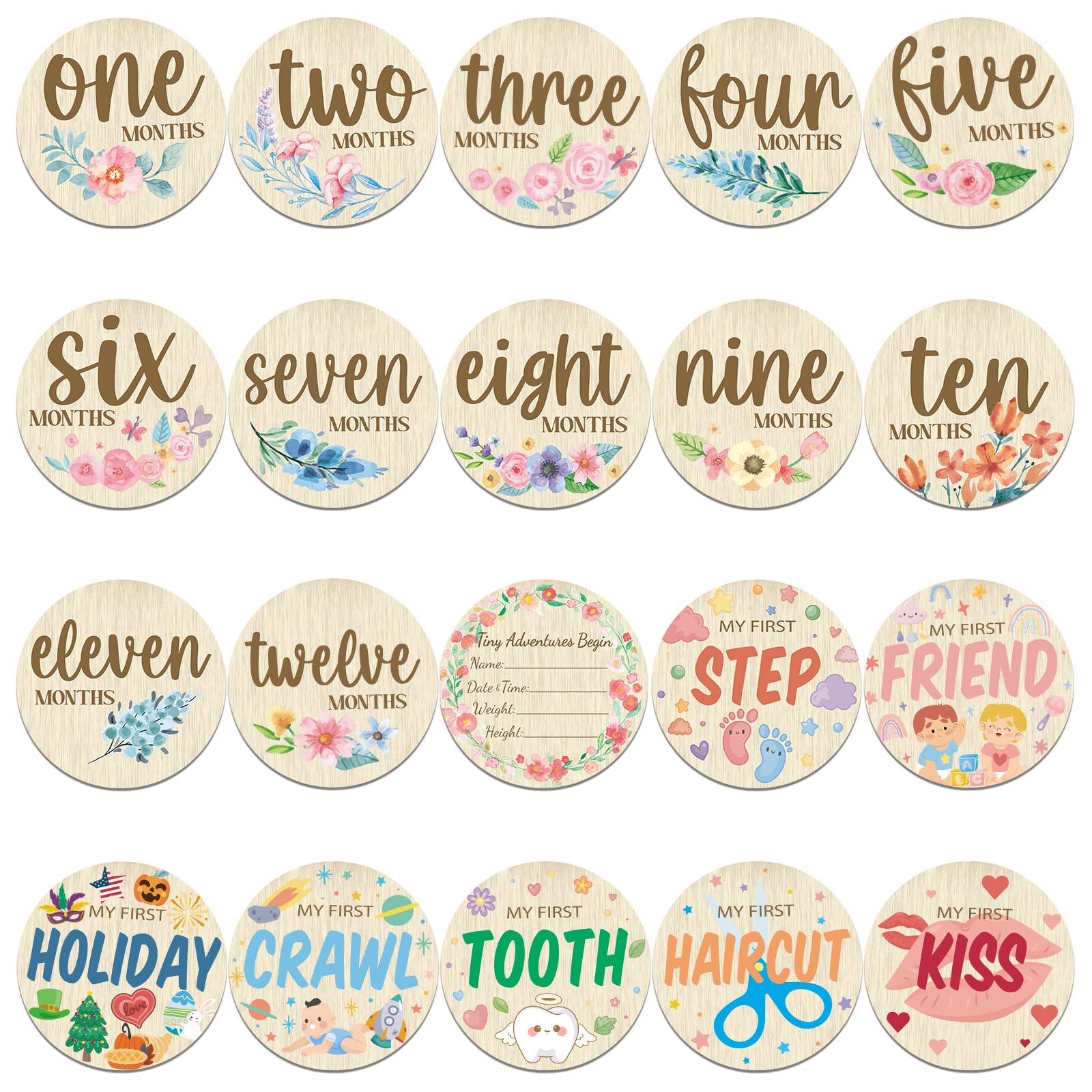 Threetols 10PCS Wooden Baby Monthly Milestone Cards Sign, Double Sided Newborn Photography Prop Pregnancy Journey Baby Growth Monthly Milestone Wood