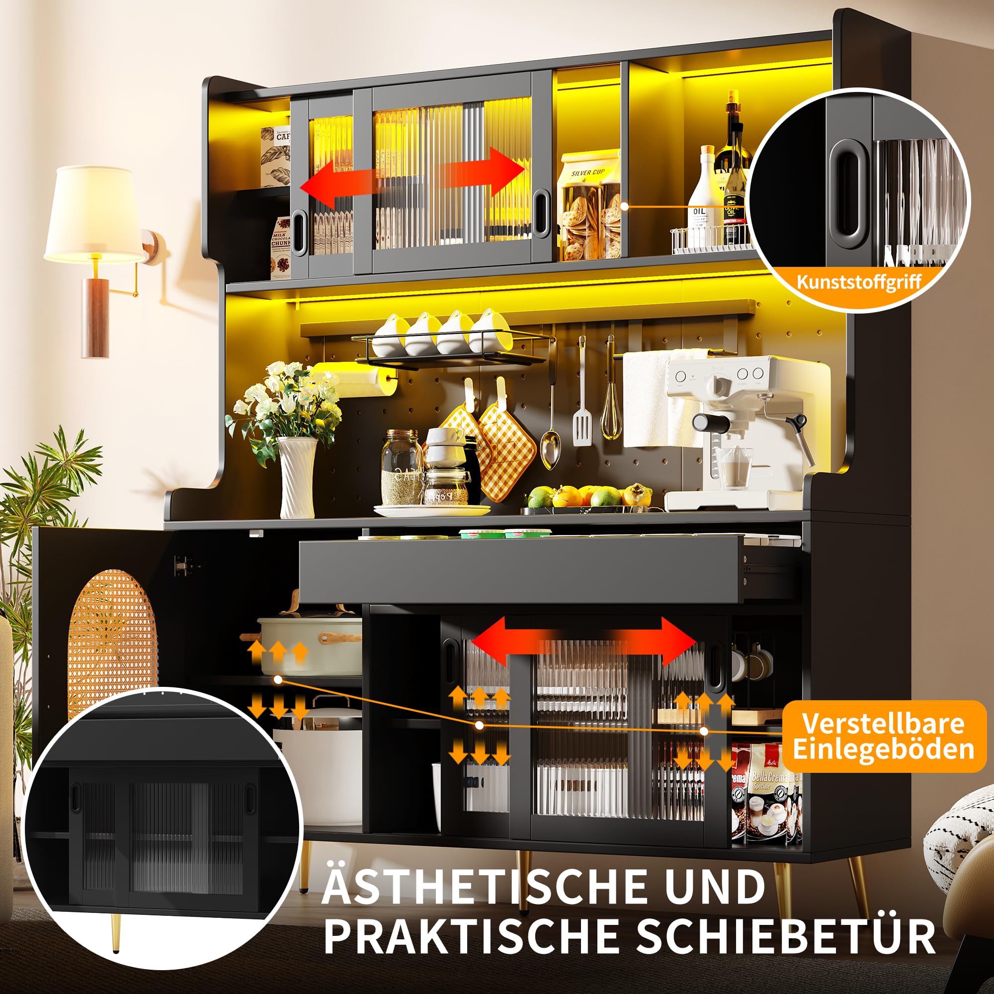 Kebnor Armadio laterale/armadietto da cucina/buffet, 145 x 39 x 171 cm, stile rustico, 5 ante, con striscia luminosa a LED e piastra di blocco in vetro, porte (nero)