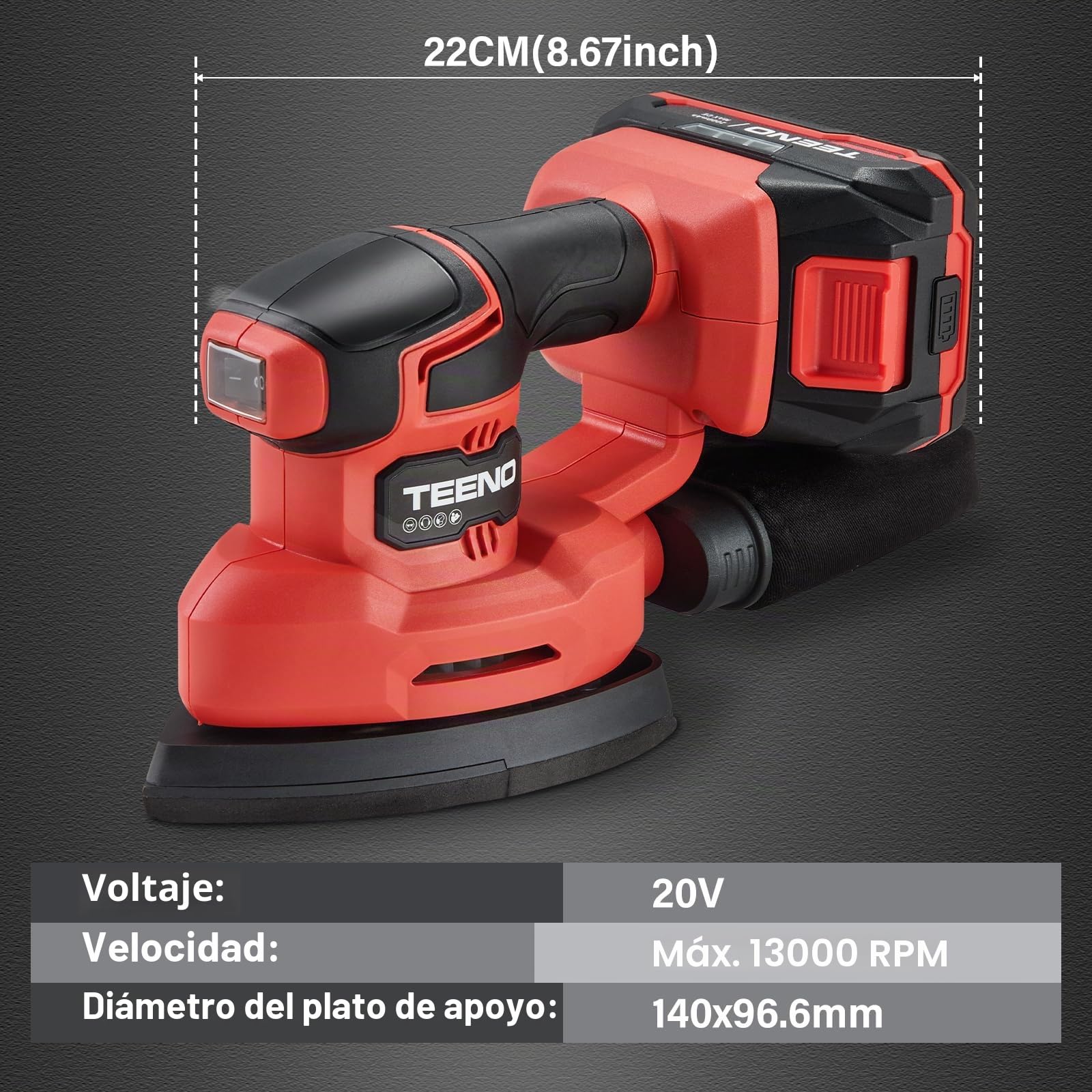 TEENO Lijadora inalámbrica con batería 3 en 1, lijadora Delta de 20 V con batería de 2 A, lijadora de detalles de 13000 rpm con bolsa de recogida de polvo, 15 hojas de papel abrasivo, 140 x 96,6 mm