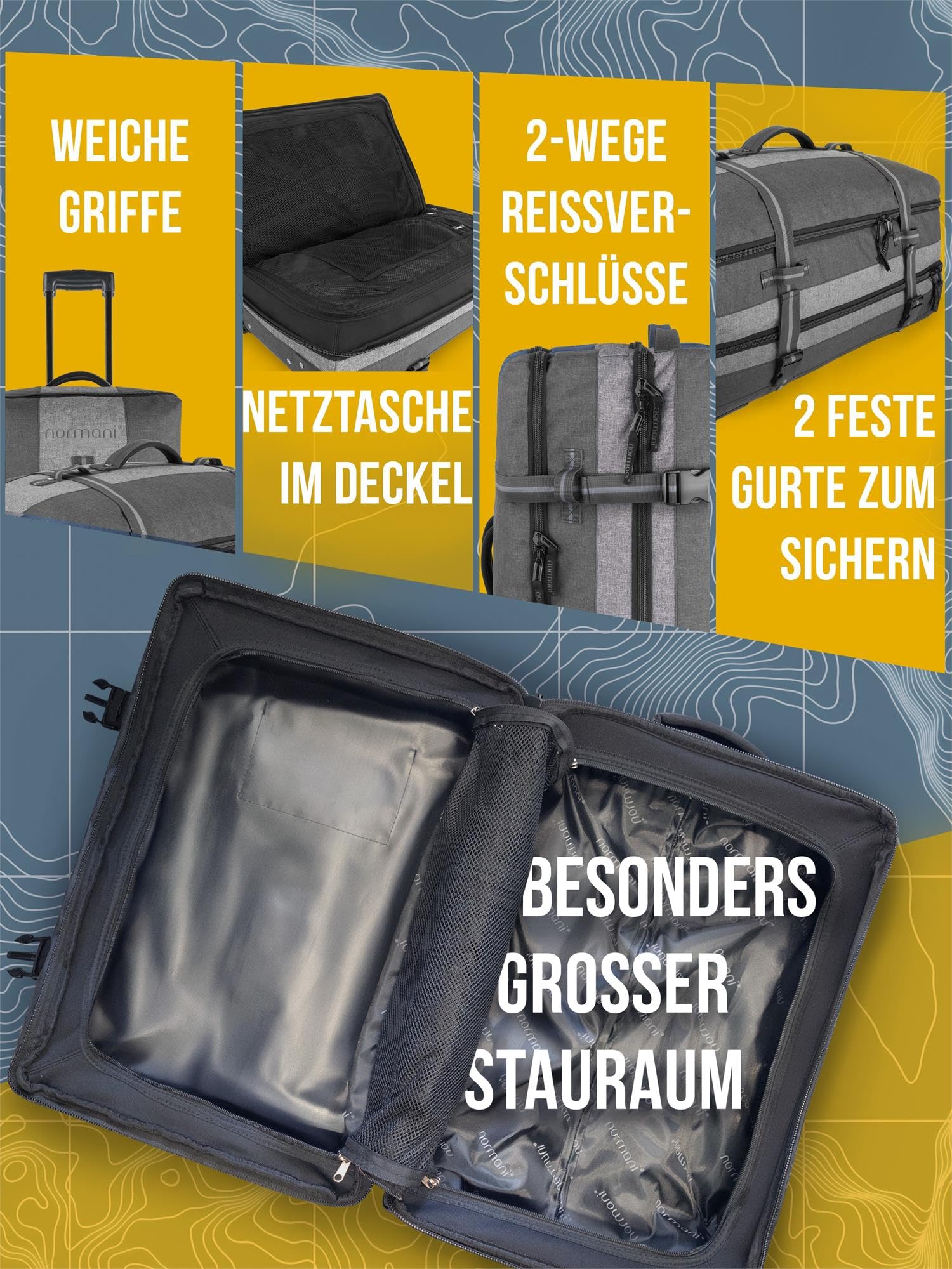 Handgepäck Reisetasche Trolley 45 L Bordgepäck Travel Bag mit Rollen Cabin Bag für Lufthansa, Eurowings, Ryanair, KLM, Volotea, Turkish Airline, Wizz Air - (52x38x20-28 cm) Dunkelgrau/Grau 45 Liter