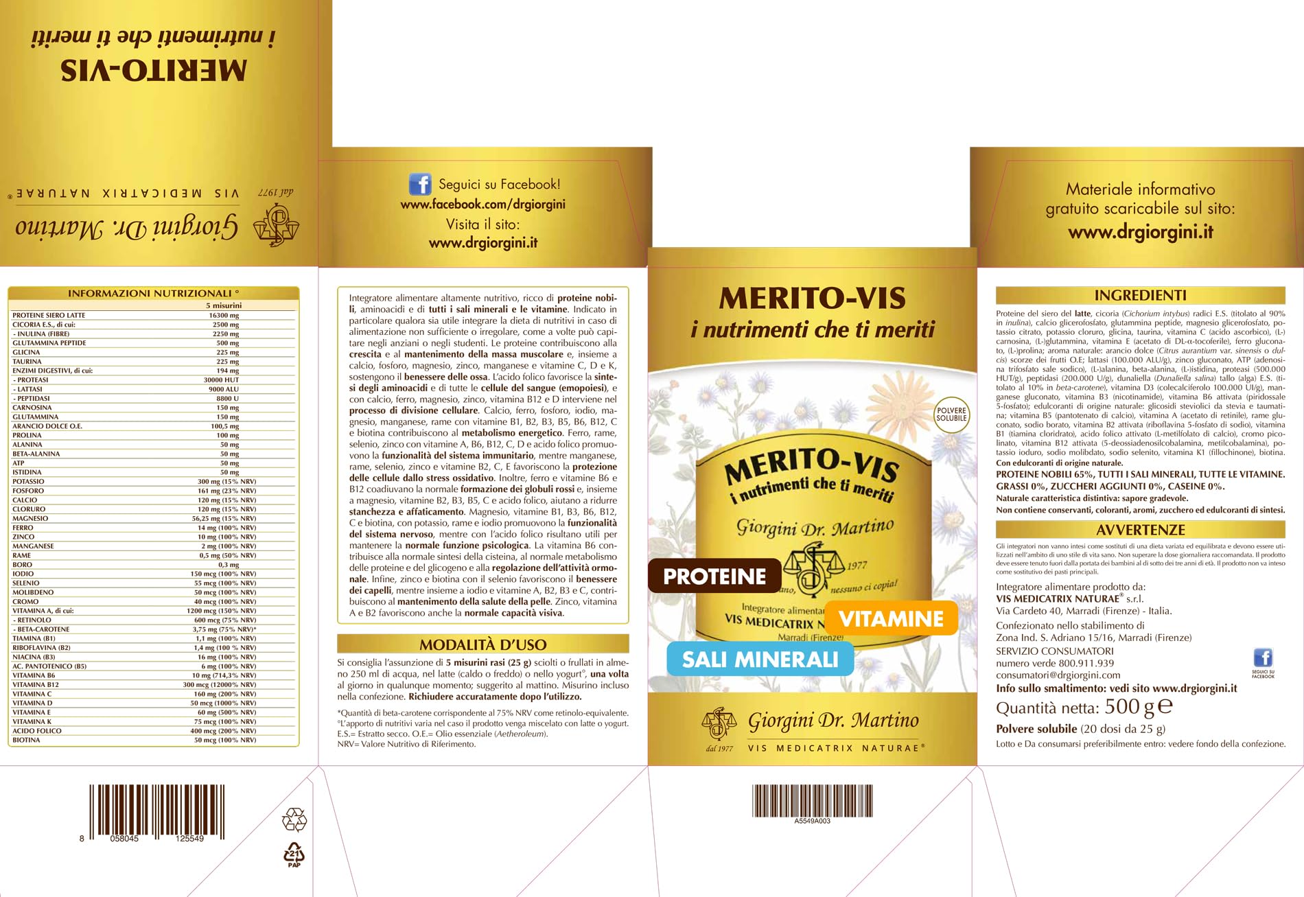 MERITO-VIS Polvere - 500 g (integratore di proteine con tutti i sali minerali e tutte le vitamine, PROTEINE NOBILI 65%)