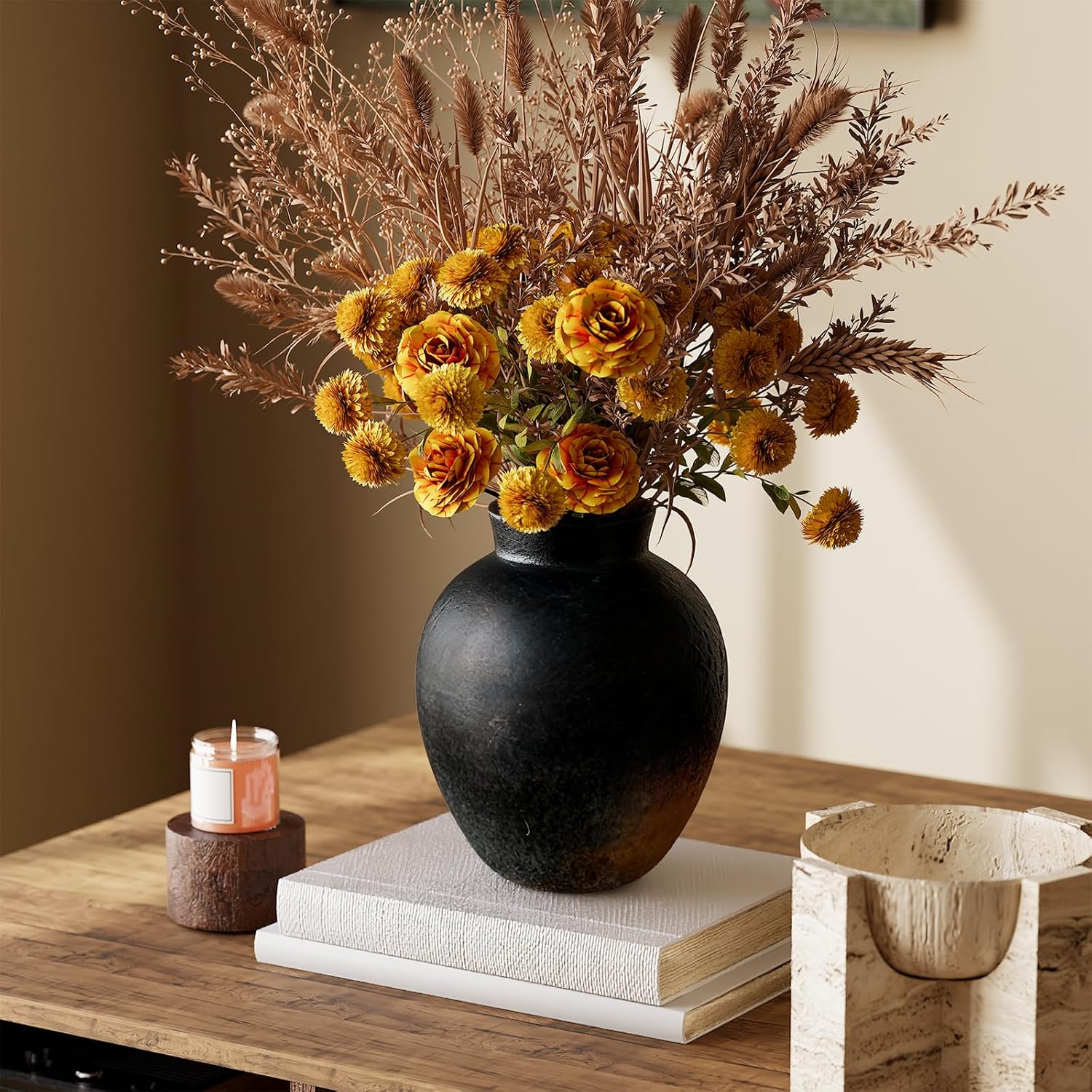 Ceramic Flower Vase, 6 Inch Decorative Rustic Vase Farmhouse Boho Vase for Centerpieces,Terracotta Vases for Home Decor, Living Room,Shelf,Wedding,Black