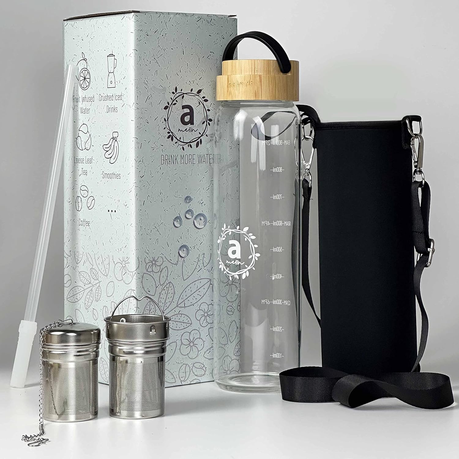 32oz Borosilicate Glass Water Bottle with Bamboo Lid and 2 Tea Infuser Sets for Fruit Infused Water and Cold Brew Coffee - Glass Tea Infuser Bottle with Strainer for Loose Leaf Tea