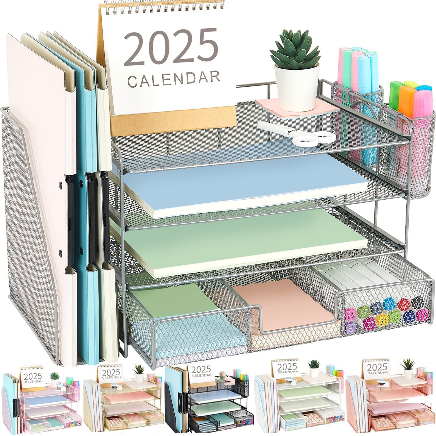 gianotterDesk Organizers and Accessories with File Holder, 4-Tier Desk Accessories & Workspace Organizers with Drawer and 2 Pen Holder, Paper Organizer for Office Supplies (Grey)