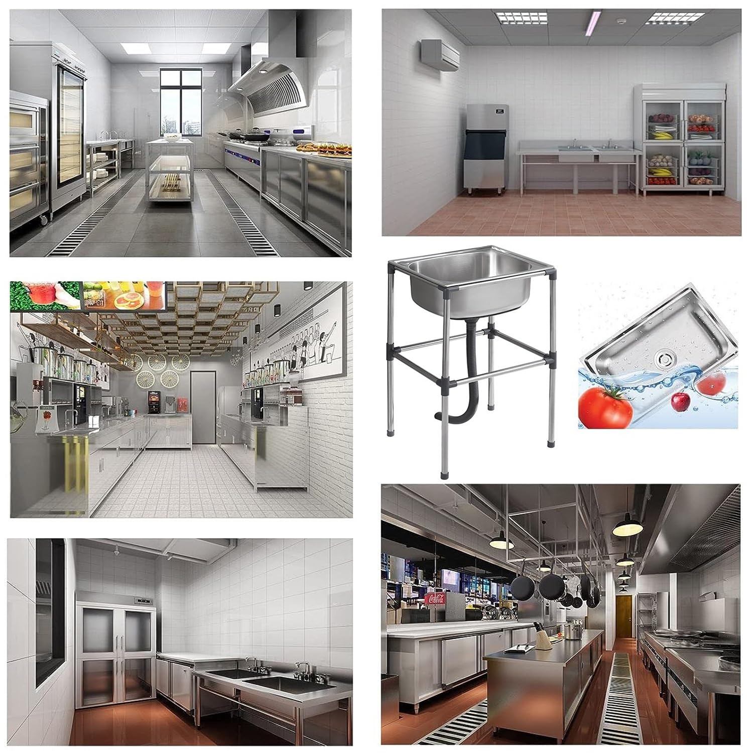 Fregadero Portátil de Cocina de Acero Inoxidable Comercial - Pie Libre, Exterior Jardín Sin Grifo - Para Bar, Restaurante, Lavandería, Hotel y Hogar (37x31x60cm)