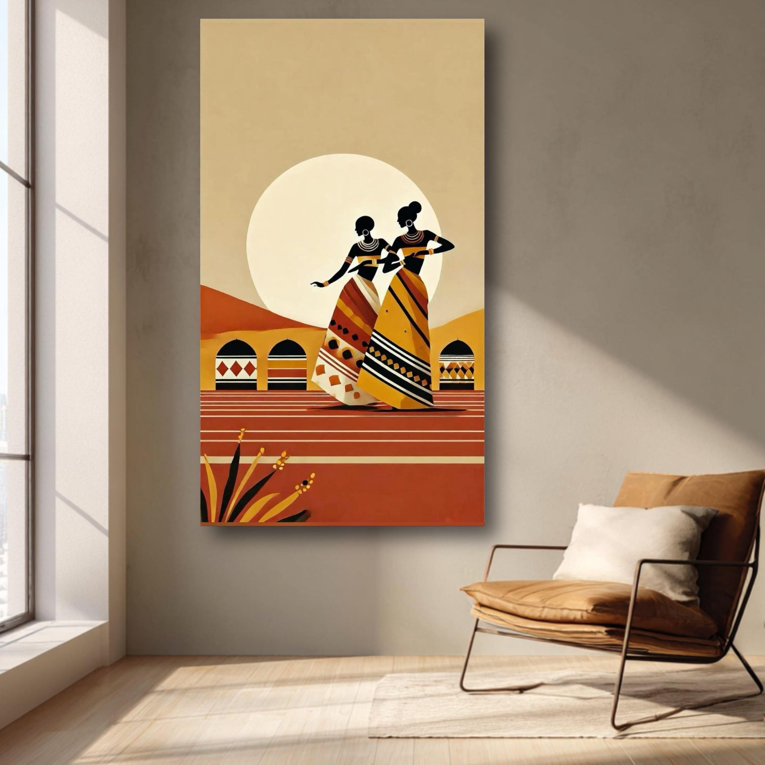 CAOXTART African Tribal Dance Oil Painting, Ethnic Silhouettes Wall Art, Bohemian Home Decor, Sunset Landscape Canvas Prints(40x70cm/Frameless)