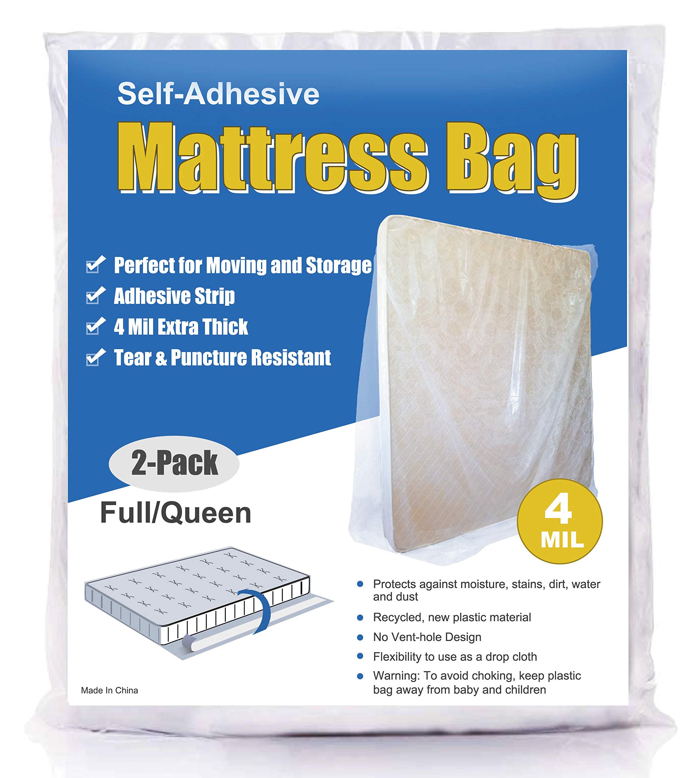 ComfortHome 4 Mil Extra Thick Sealable Mattress Bag with Adhesive Strip for Moving and Storage, Heavy Duty, Fits Twin Full and Queen Size, 2 Pack