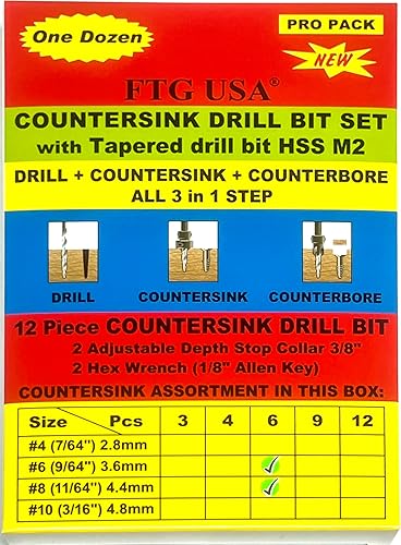 Miniatura 2 de Juego de 6 brocas avellanadoras #6 (964 pulgadas), 6 piezas #8 (1164 pulgadas), broca cónica para trabajar la madera, broca avellanadora para