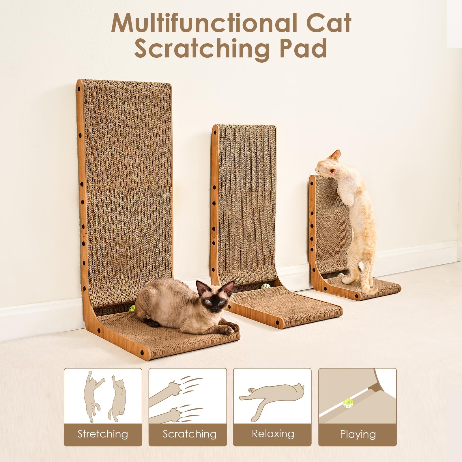 EHEYCIGA Cardboard Cat Scratcher for Indoor Cats, 26.8 Inch L Shaped Vertical Cat Scratching Board with Ball Cat Toy, Large Cat Scratcher Pad, Brown