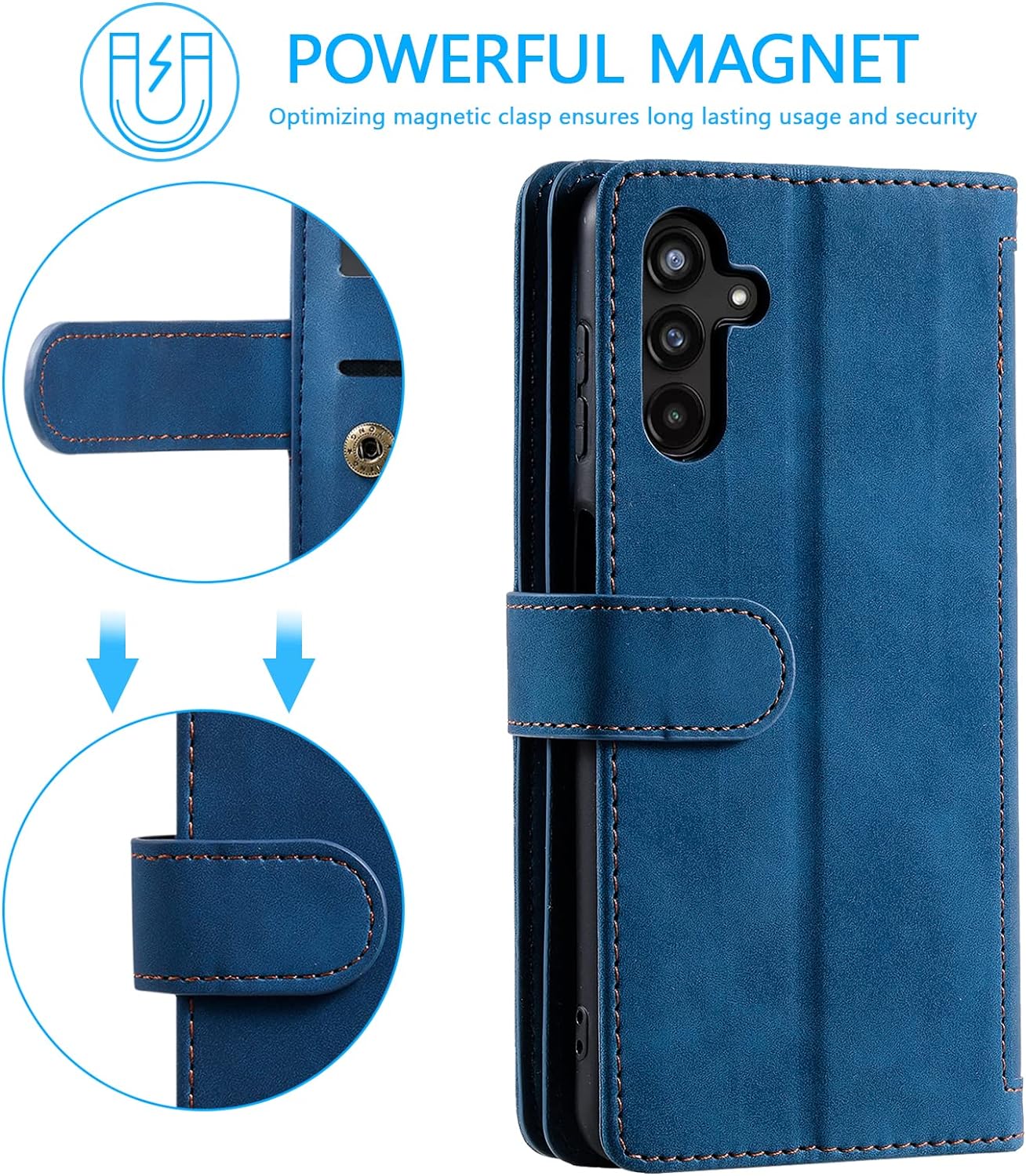 EYZUTAK Wallet Phone Case for Samsung Galaxy A16 4G/5G, Retro Matte 9 Card Holder Slots Zipper Pocket Handbag Case PU Leather Magnetic Closure Kickstand with Wrist Strap Flip Folio Purse Case - Blue - Image 3