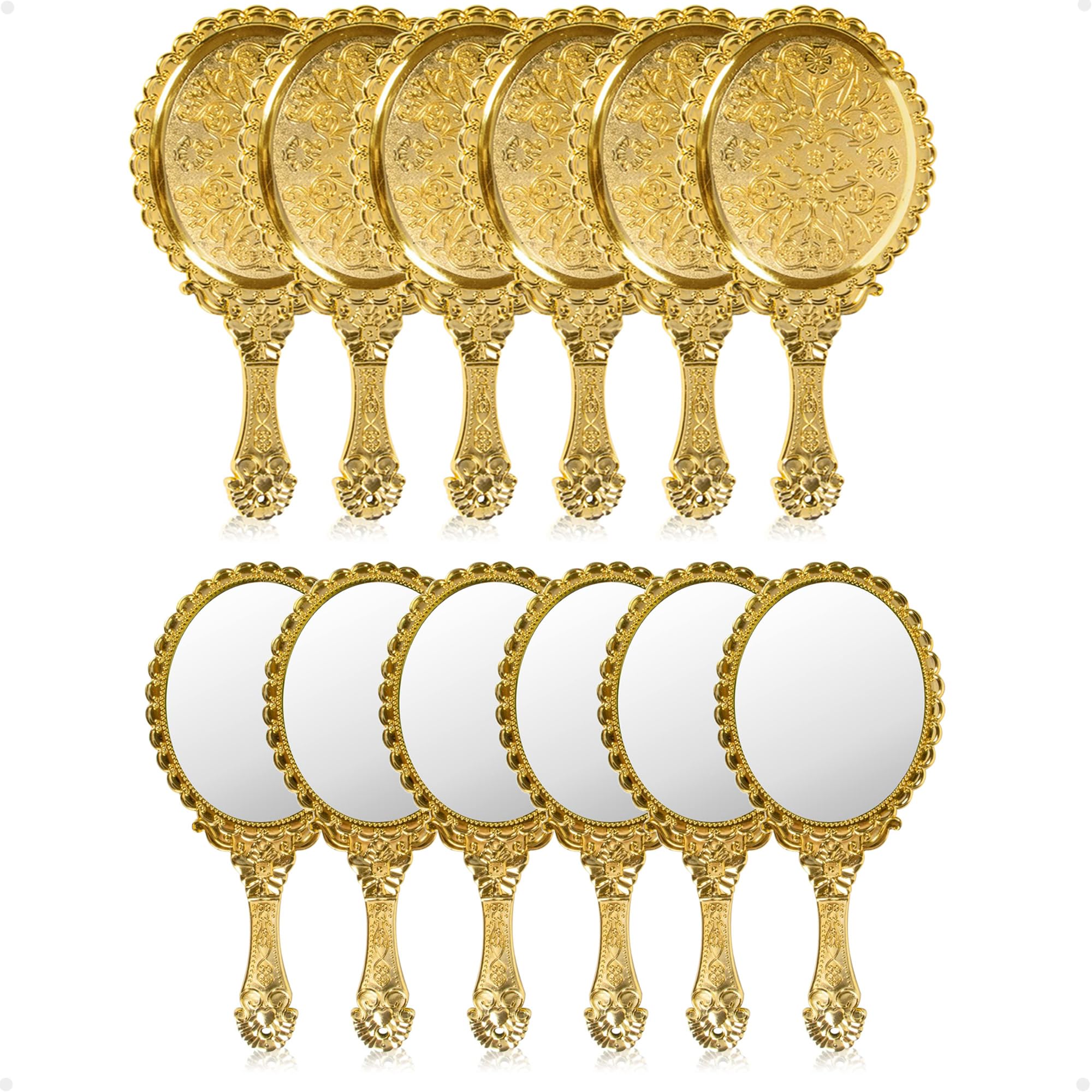 YUSONG 12 Pcs Vintage Handheld Mirror for Makeup - Travel Handle Mirrors for Women Gold Embossed Flower Portable Princess Mirror Tabletop Party Classroom