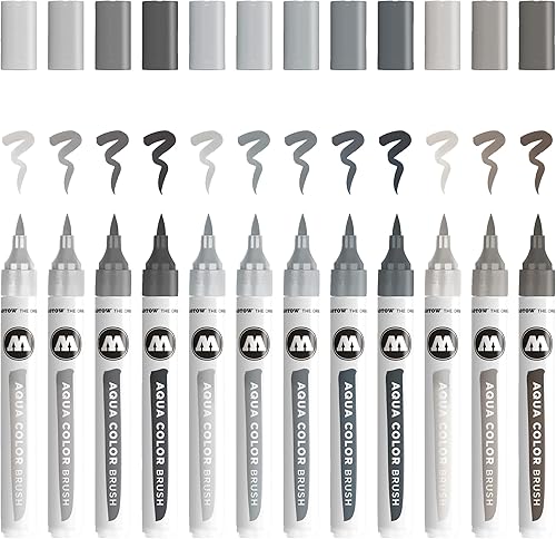 Molotow Pincel color aguamarina (juego de rotuladores de pincel gris, punta de pincel para acuarela y letras a mano), 12 piezas surtidas