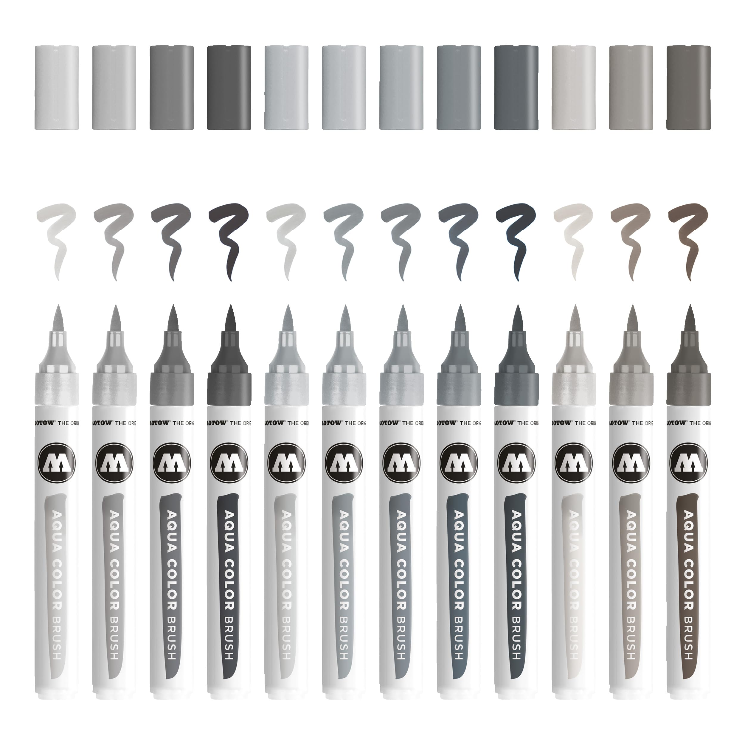 Molotow Aqua Colour Brush (Brush Pen Marker Grey Set, Brush Tip for Watercolour and Hand Lettering) 12 Pieces Assorted