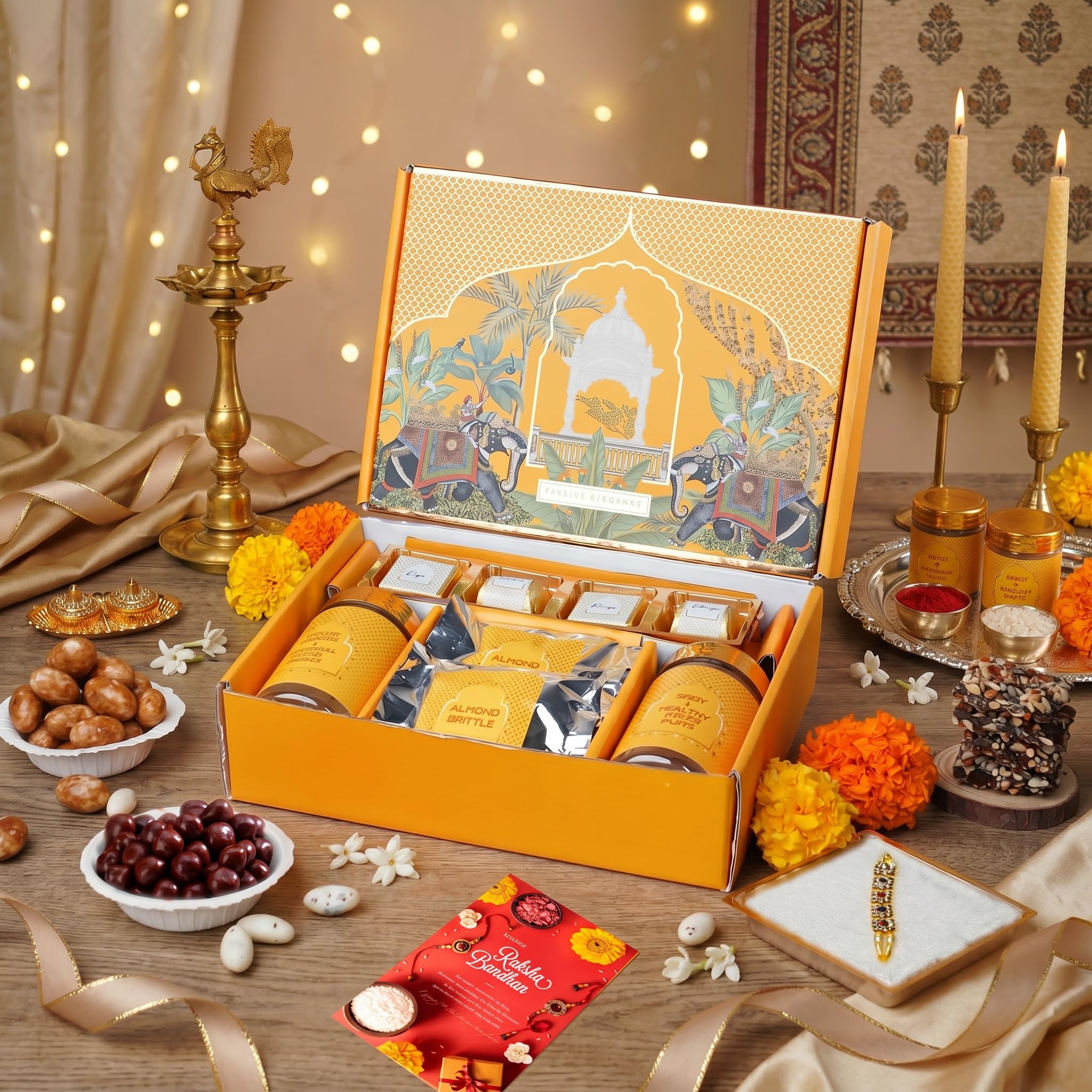 Oriole Gifts Rakhi Hamper for Brother - 11 Items Combo Set | Premium Almond Brittles, Almond Nutties, Paan Shots, Chocolate Bites, Snacks & Greeting Card | Ready To Gift Set for Siblings-image-9
