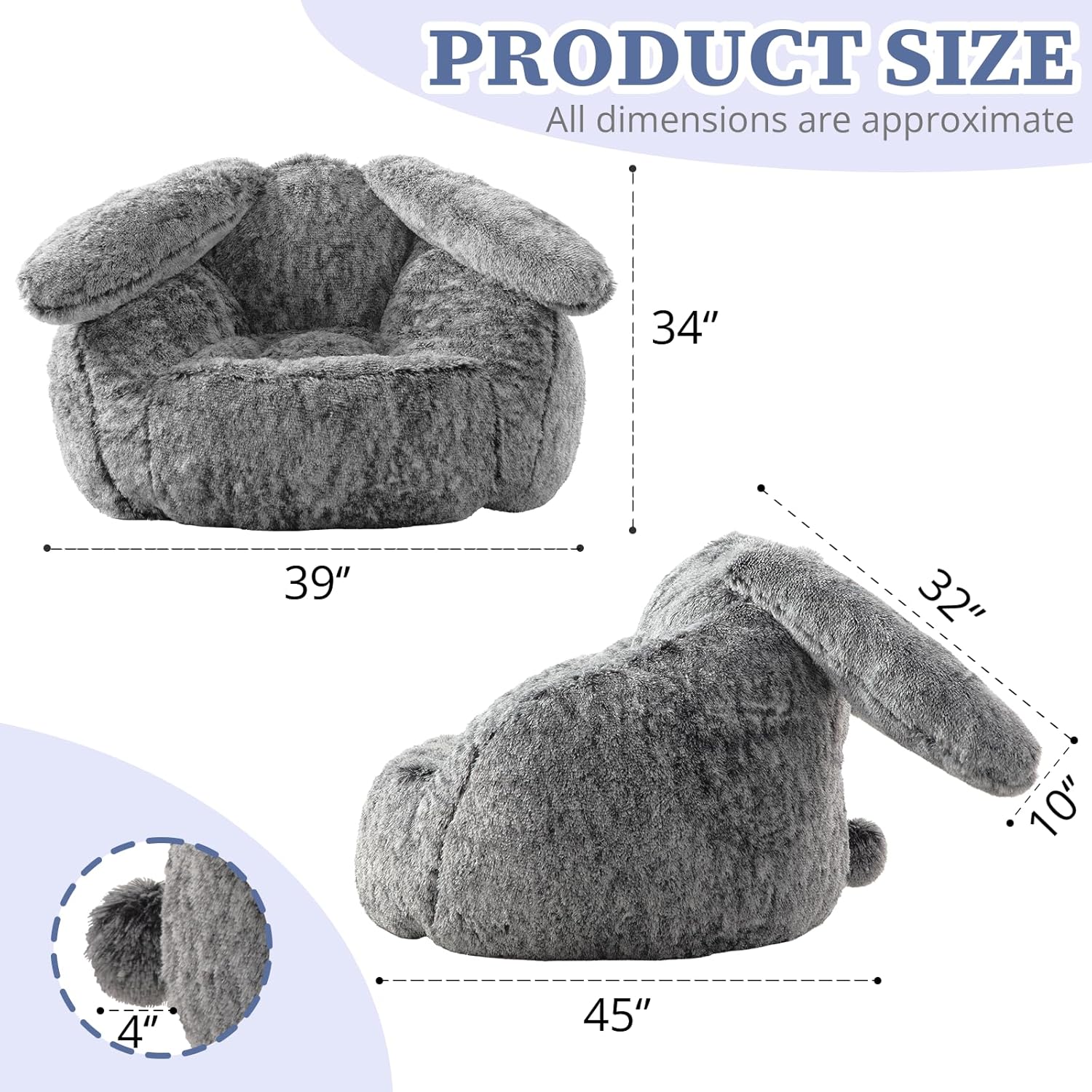 Achicsofar Bean Bag Chair for Adults Kids Giant Fluffy Plush Bean Bag Sofa with Filler Faux Fur Rabbit Shaped Beanbag Chairs Comfy Accent Floor Couch for Gaming, Reading in Bedroom, Living Room, Dorm