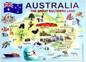 Australia Graphic Map and Attractions Souvenir Fridge Magnet 2.5" X 3.5"