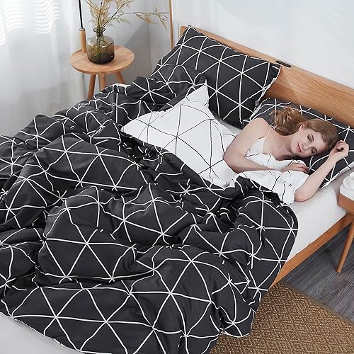 Miniatura 8 de Atarashi Juego de edredón reversible Queen de 3 piezas para todas las estaciones, edredón geométrico blanco y negro con 2 fundas de almohada (tamaño