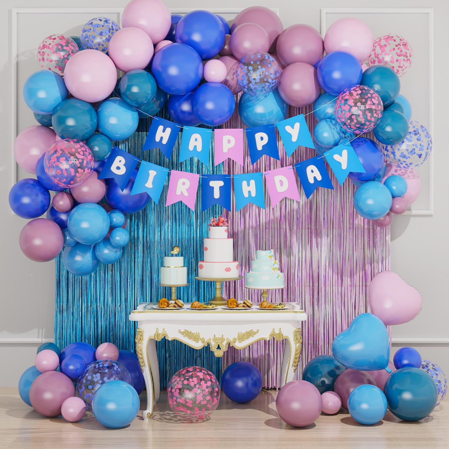 Blue and Pink Balloons Party Supplies, Blue Pink Birthday banner Confetti Balloons and Fringe Curtain, for Boys Girls Birthday Baby Shower Gender