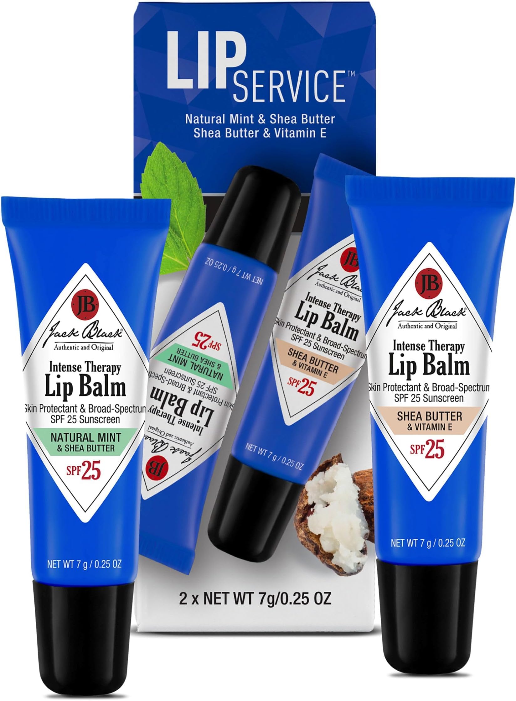 Jack Black Lip Balm Service Set - Intense Therapy Natural Mint & Shea Butter + Shea Butter with Vitamin E, SPF 25 Sun Protection, Lip Moisturizer, Hydrating Balm with SPF Sunscreen