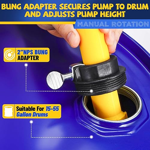 Miniatura 5 de Bomba de tambor de 15-55 galones, flujo de 10 GPM, bomba de líquido químico resistente a la corrosión, bomba de barril rotativa operada a mano