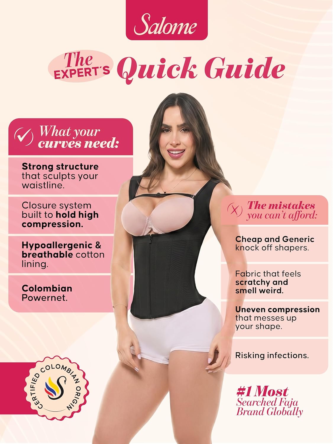 Salome 0314 Zip Waist Trainer Vest Faja Colombiana Chaleco Cinturilla Reductora de Mujer Black S