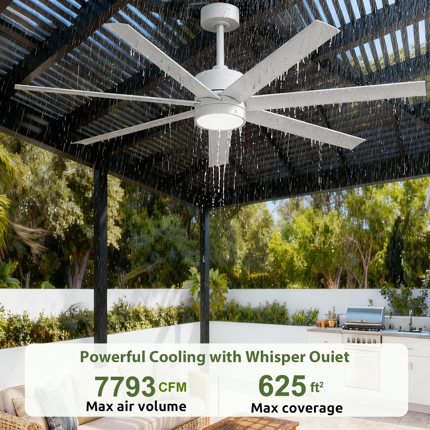 Outdoor Ceiling Fan with Light, IP65 Waterproof White Patio Ceiling Fans, 56 Inch, All-Weather, 7 UV-Proof Blades Wet-Rated, High CFM Quiet DC Motor, for Exterior Porch, Pergola, Gazebo