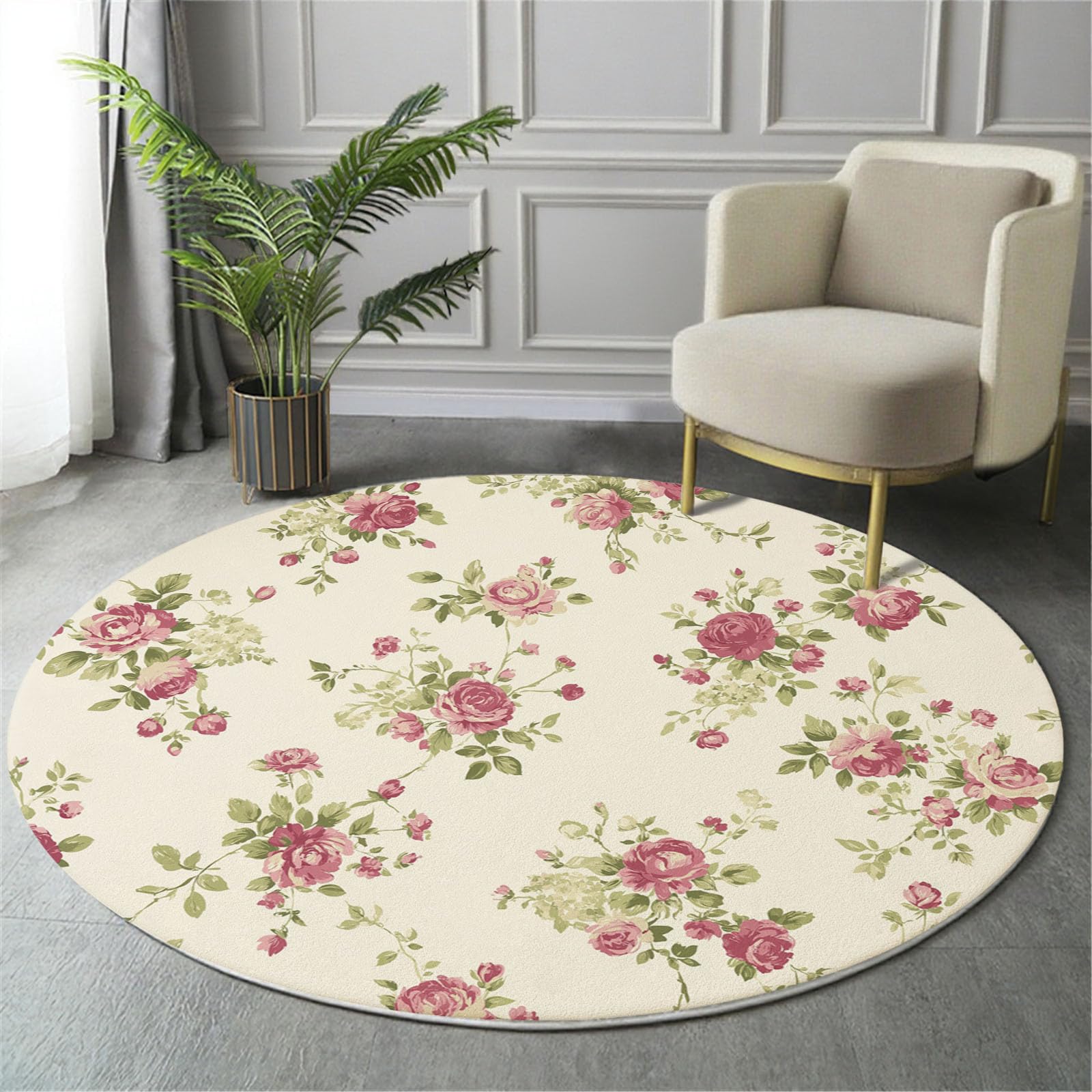Tapis rond beige 120cm rétro champêtre aux roses pour salon et cuisine