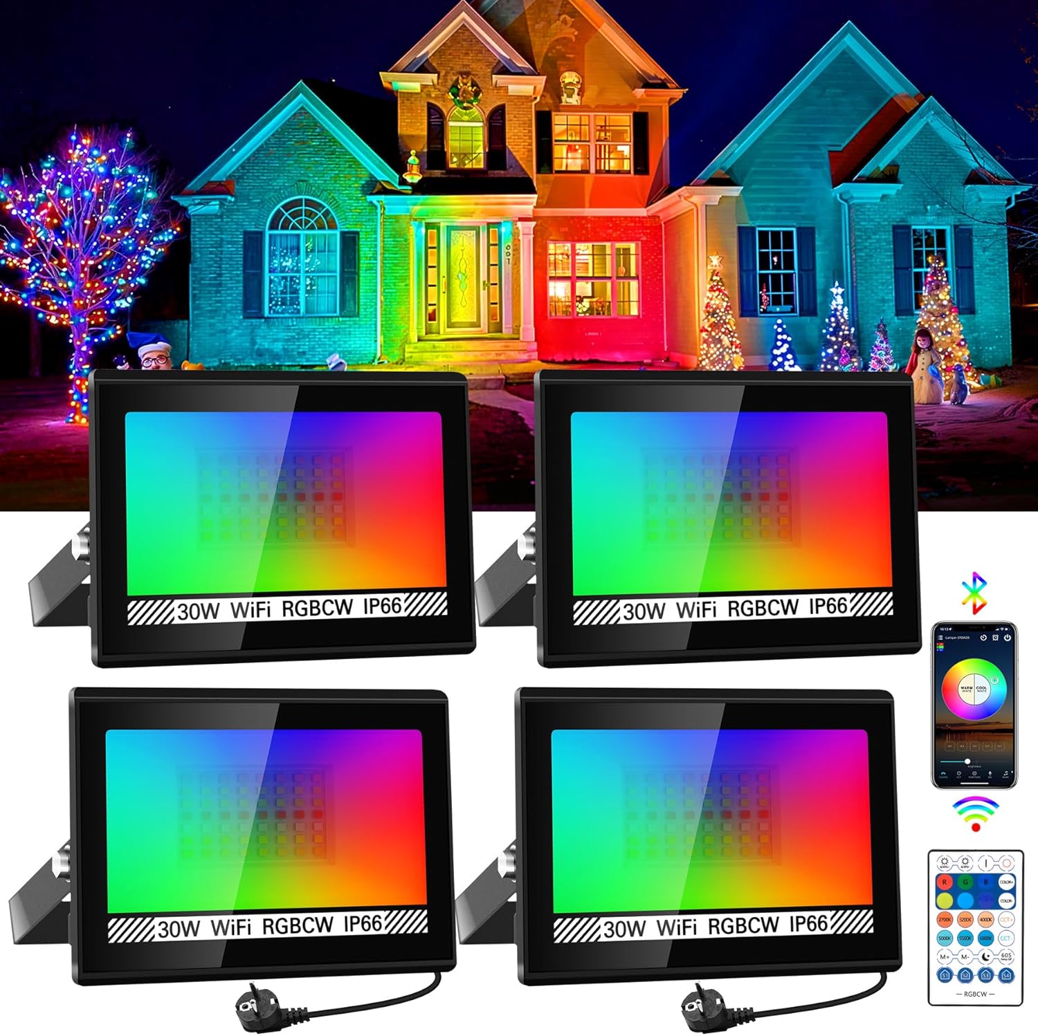 RGB LED Flood Gentle Outside 300W Equal, 30W Bluetooth RGBCW Sensible Floodlights 2700K, 16 Million Shade Altering, Timing, Music Sync, IP66 Waterproof Panorama Lighting with US Plug (4 Pack)