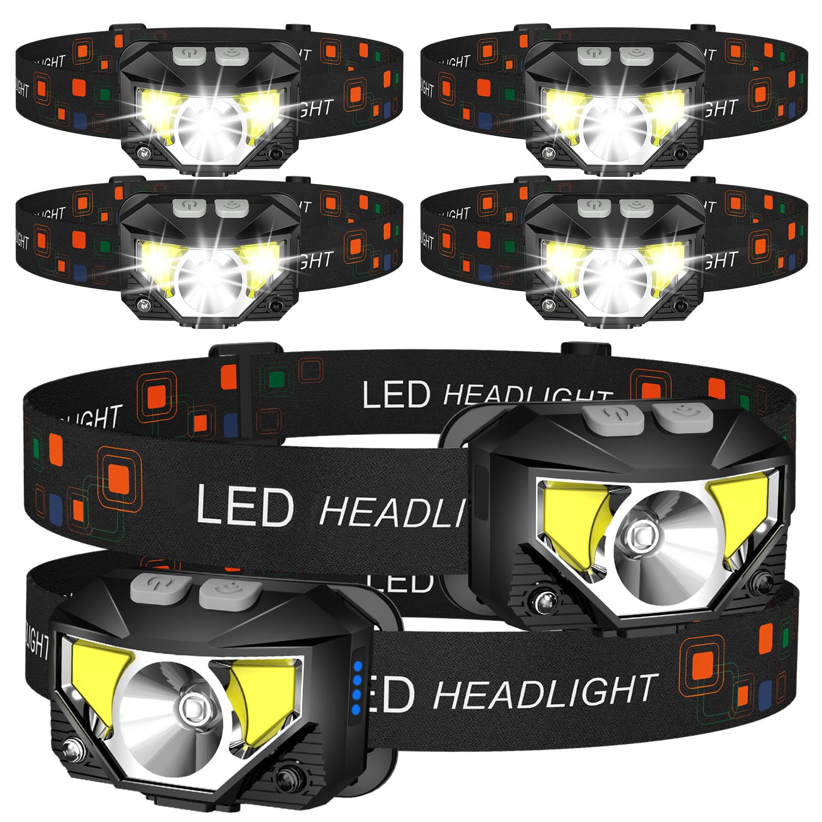 LHKNL Headlamp Flashlight, Lumen Bright Head Lamps LED Rechargeable Camping | 6-Pack Ultra-Light, with White Red Light, Waterproof Motion Sensor Headlight, 8 Modes for Outdoor Running Hiking Fishing Charcoal Black 6 Packs