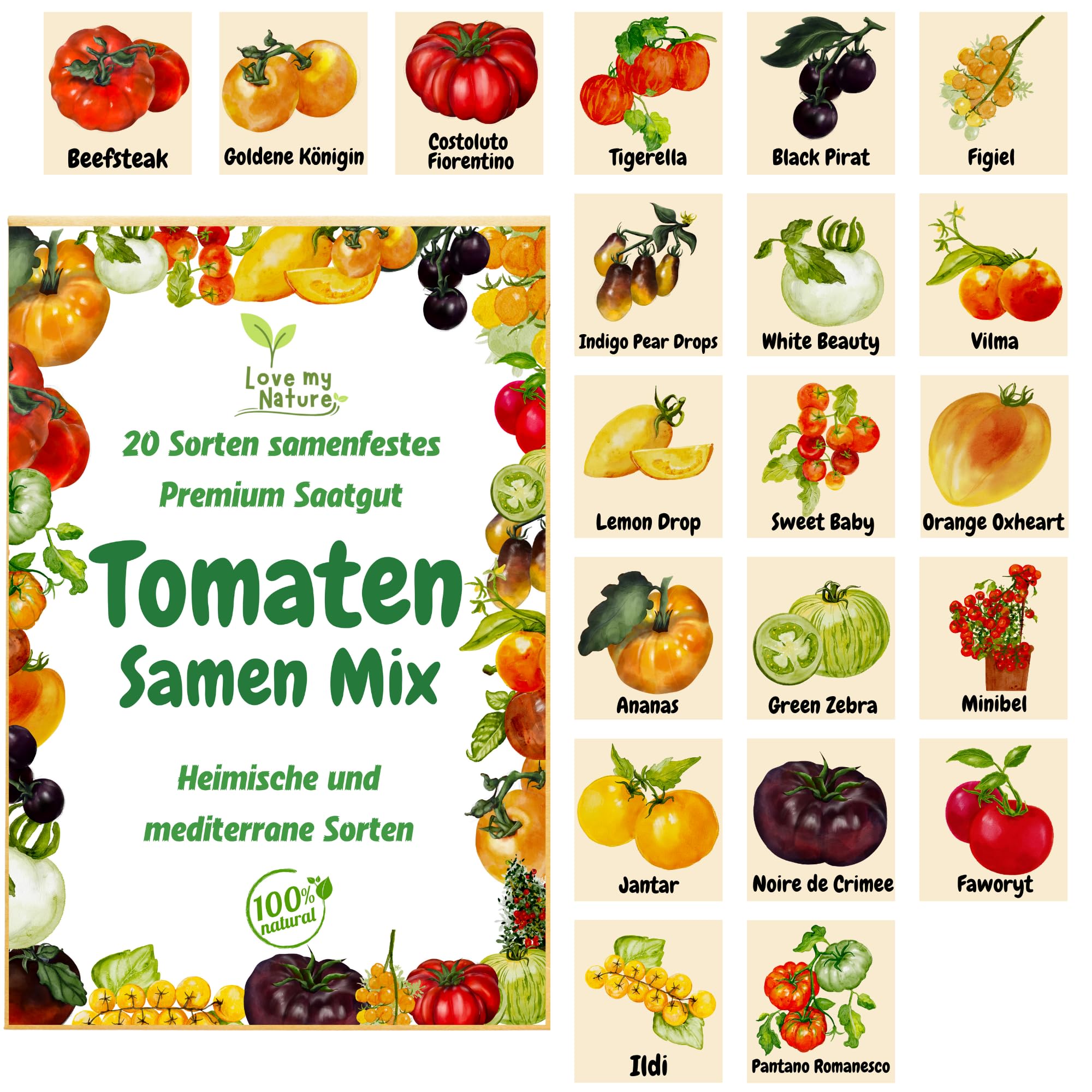 Tomaten Samen Set  20 Sorten Tomatensamen alte Sorten fr Garten, Balkon &  Gewchshaus | Love my Nature Saatgut fr aromatische Tomatenvielfalt  ...