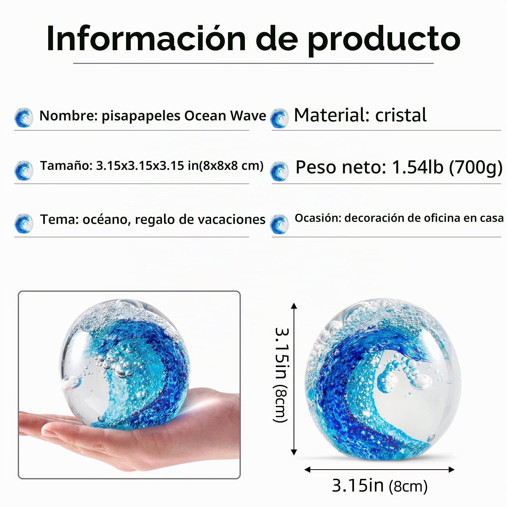 EUSTUMA Figura de vidrio, bola de olas del océano, pisapapeles de oficina, decoración del hogar y acuario, azul, moderno