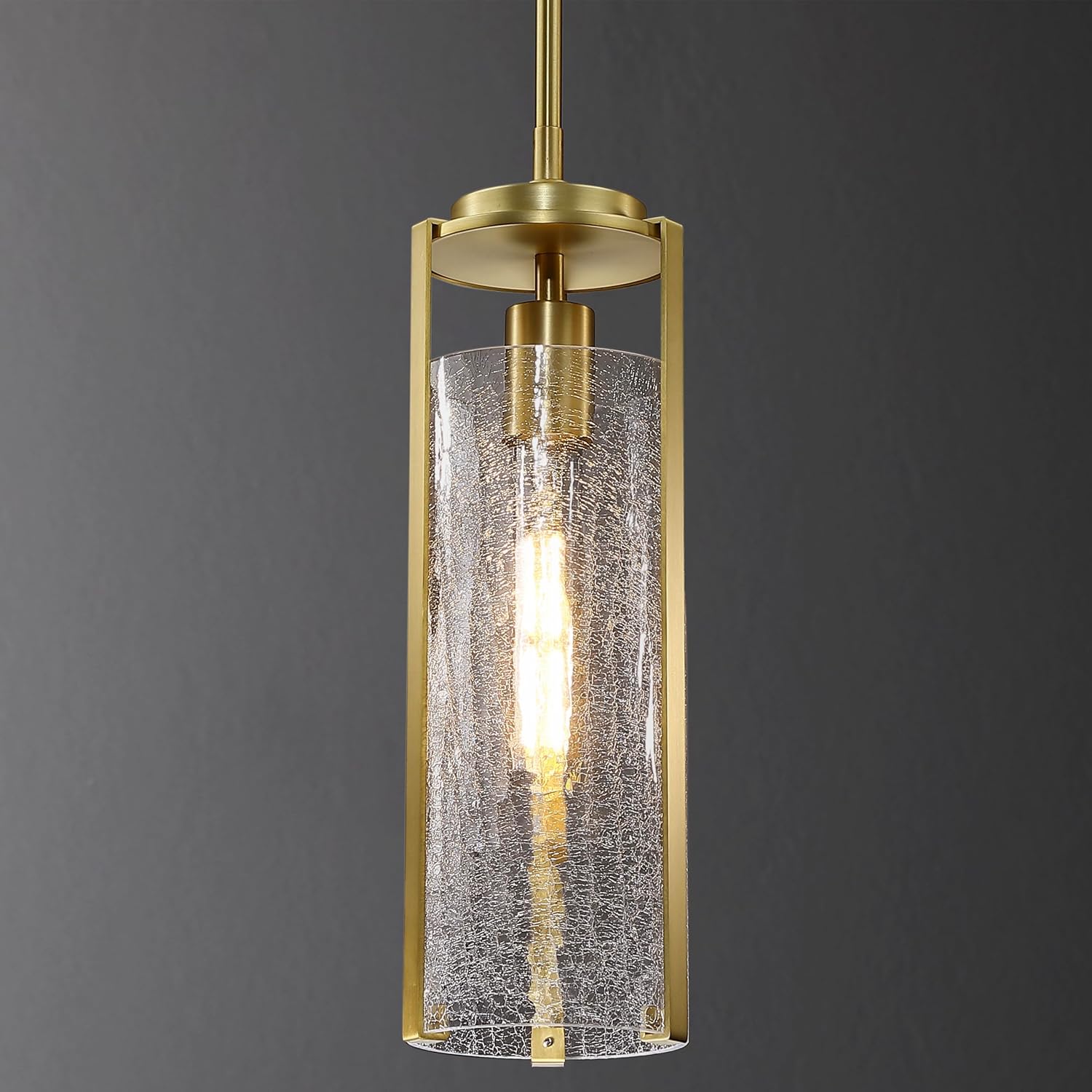 Untrammelife Modern Gold Pendant Light,14" H Cylinder Crackle Glass Hanging Pendant Light Fixture,1-Light Brushed Brass Ceiling Chandelier for Kitchen Island,Dining Room,Bathroom, T10 Bulb Included