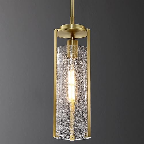 Untrammelife Lámpara colgante moderna dorada, lámpara colgante de cristal agrietado de 14 pulgadas de alto, 1 lámpara de techo de latón cepillado