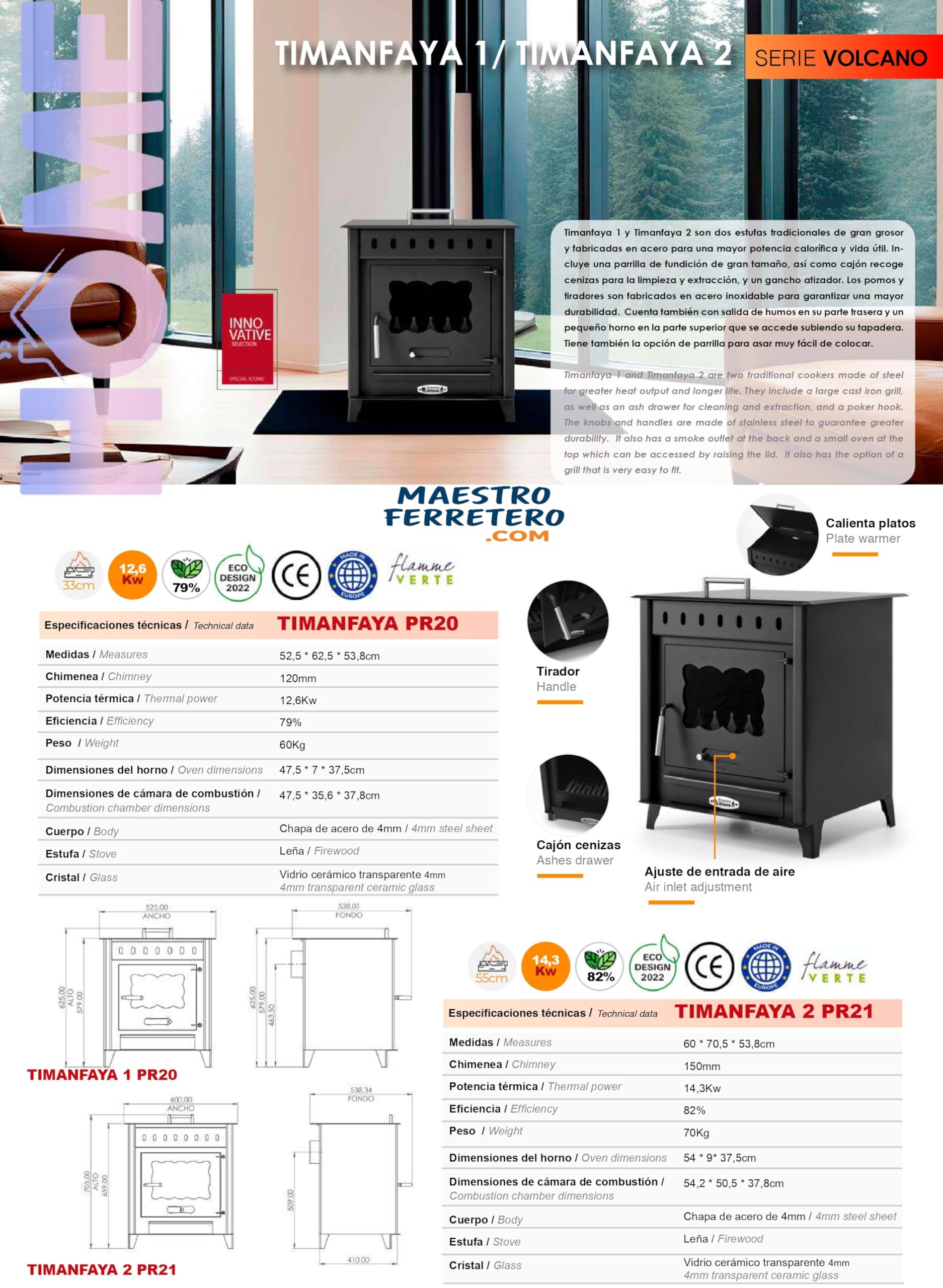 PRENSA Stove - Poêle à Bois avec Petit Four TIMANFAYA 1 – 12,6 KW – Acier 4 mm – Sortie Arrière – ECODESIGN 2022 – Format Moyen