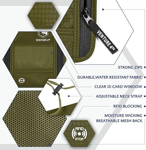 Miniatura 5 de Cartera de viaje para el cuello con bloqueo RFID, bolsa de cuello para pasaporte para hombres y mujeres para mantener los documentos seguros, Verde,