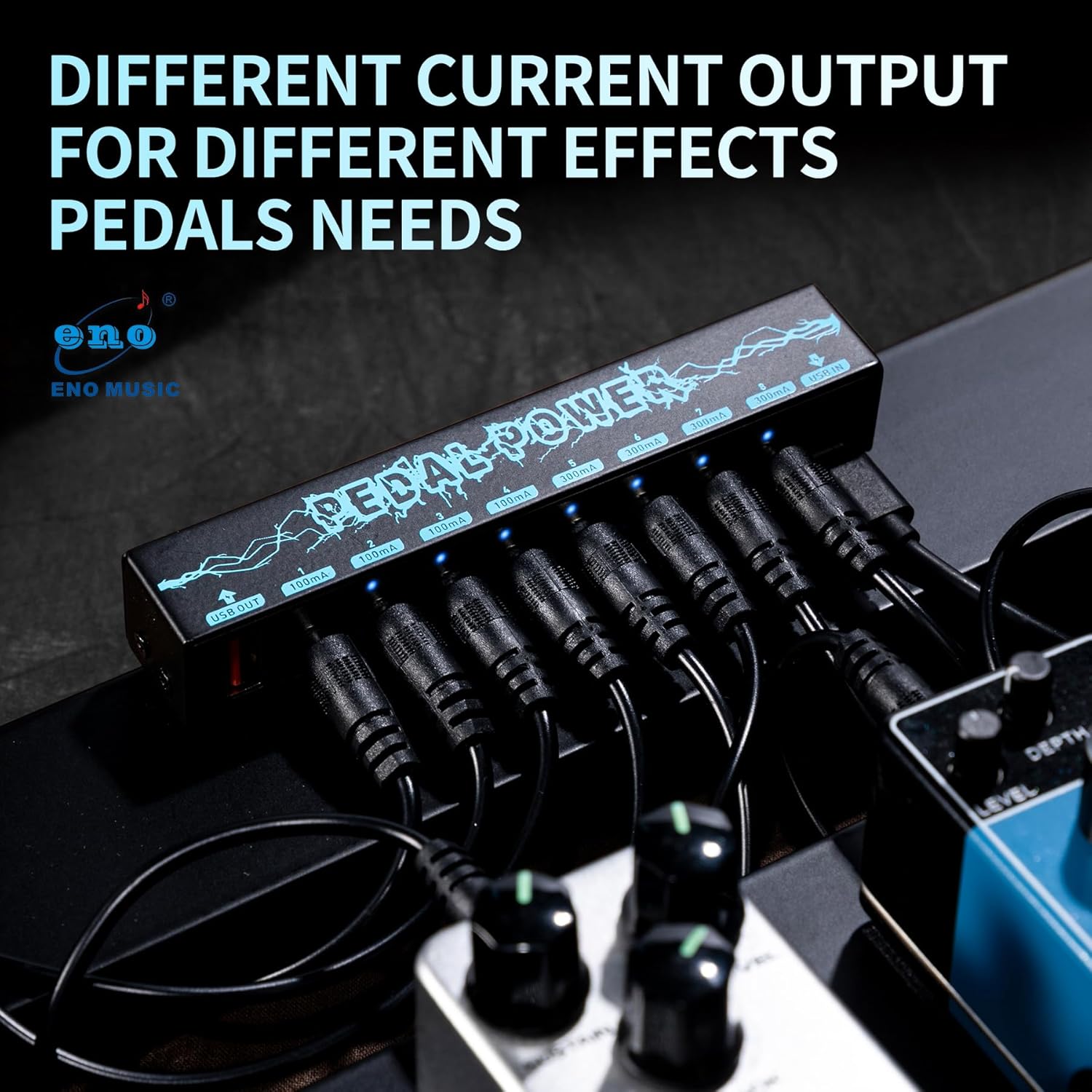ENO MUSIC 20" Compact Guitar Effects Pedal Board with Mini Power Supply Kit Small Size Suitable for Many Pedalboards with 8 Outputs 9V (100mA, 300mA) Jacks & 5V/1A USB Port