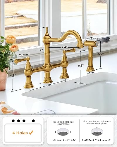 Miniatura 10 de WOWOW - Grifo de cocina de puente con rociador lateral, grifo de cocina de latón macizo para fregadero de cocina de 4 agujeros, grifo de fregadero