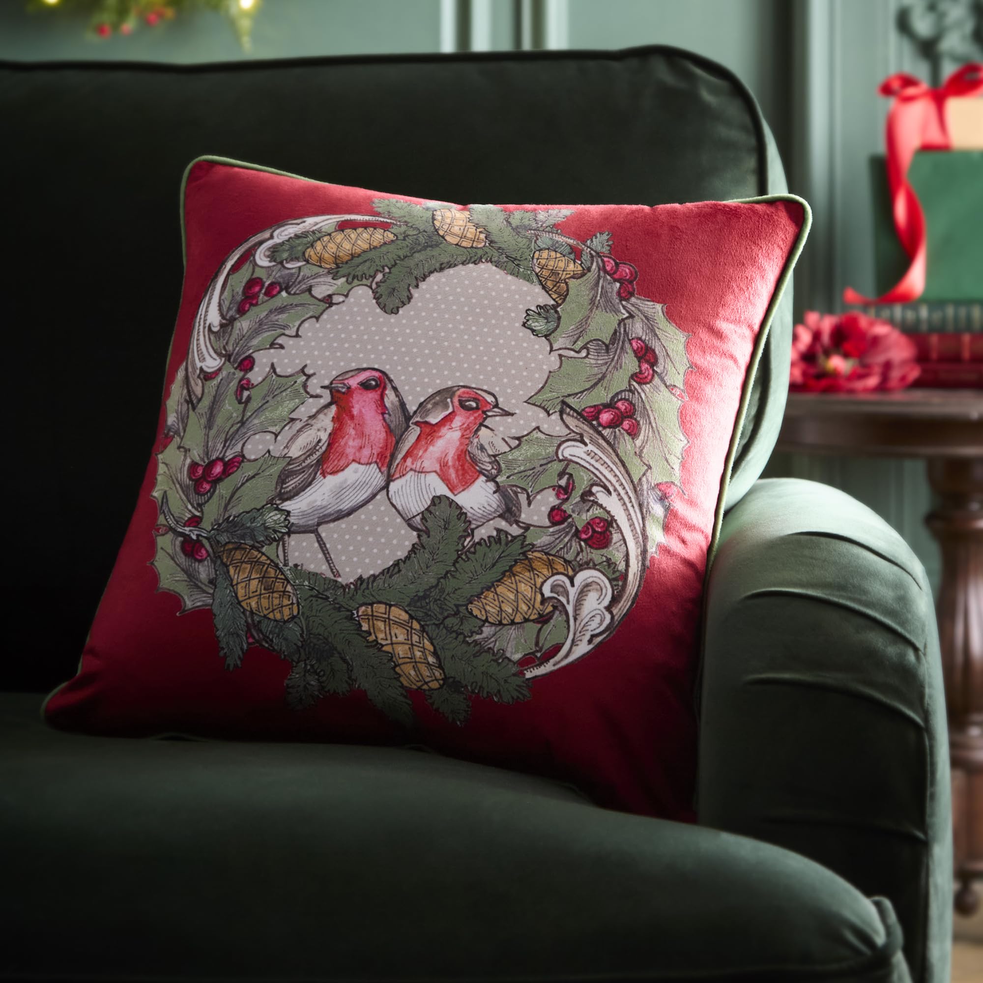 B&Q -  Festive Robin Velvet Red Chirstmas Filled Cushion