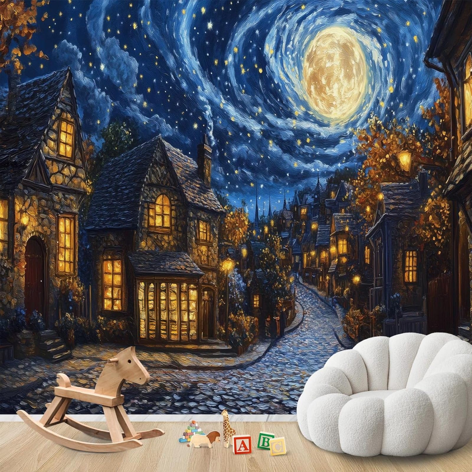 hgjdjhnf Photo Wallpaper Fairytale City Wallpaper Starry Sky Fairy Tale Modern Living Room Bedroom Children's Room Wall Decoration Motif Wallpaper,200cmx140cm Stickers - Frameless Painting - Poster