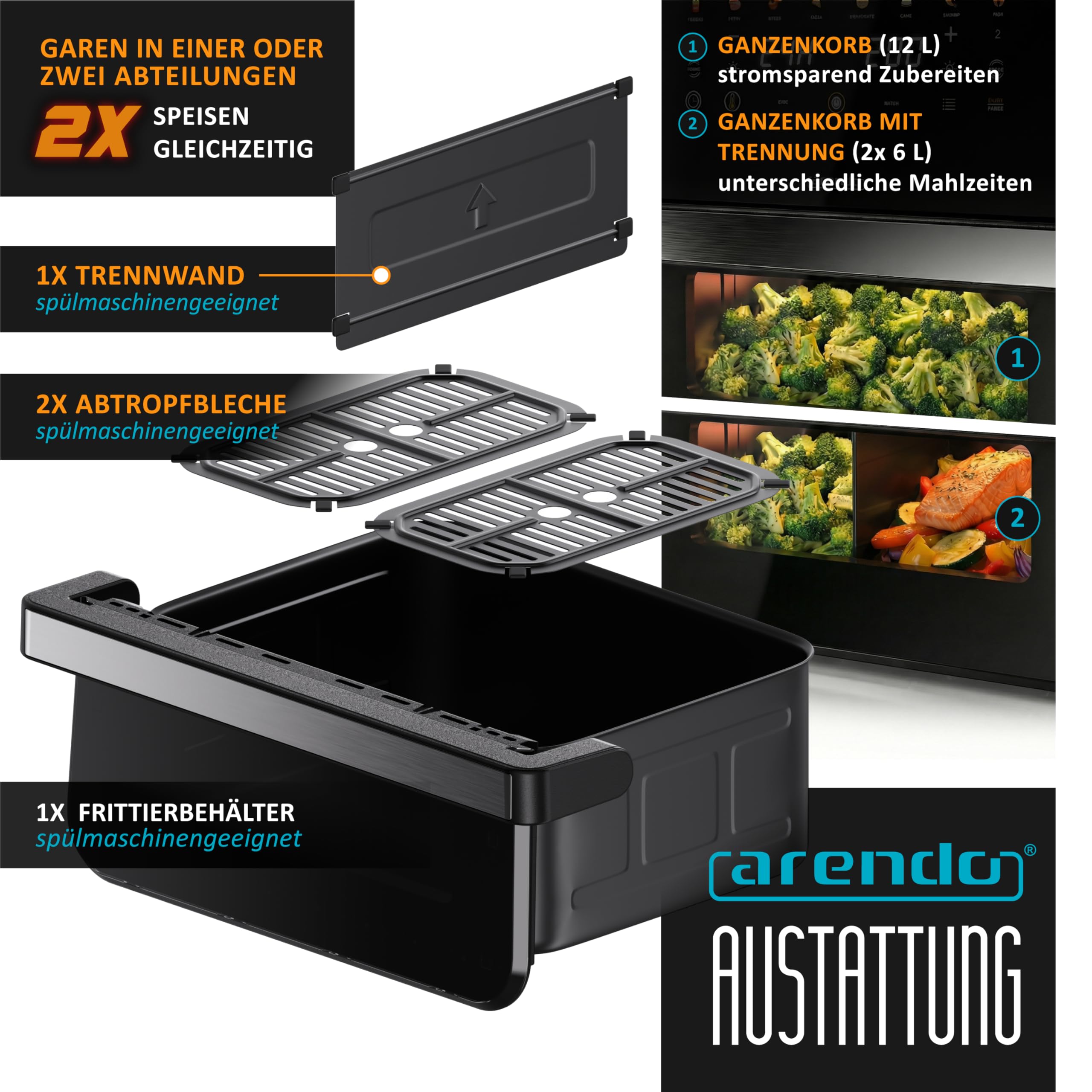 Arendo - XXL Heißluftfritteuse 12 Liter - 2 Kammern trennbar / 1 Kammer Match Funktion - extra Groß - Backofen Umluft - Grill - Airfryer mit Fenster - Fritteuse ohne Öl - Pizza Hähnchen Pommes